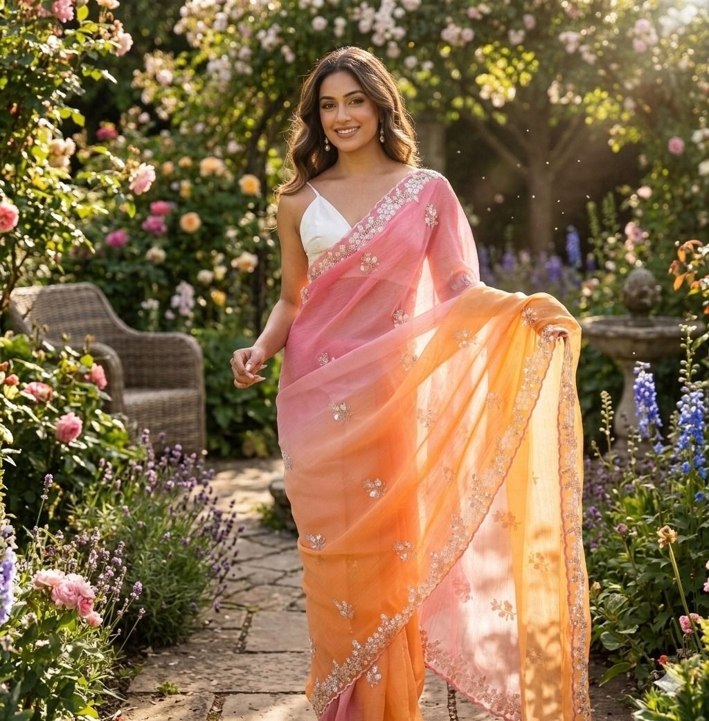 Pink-Orange Pixel Crush Saree