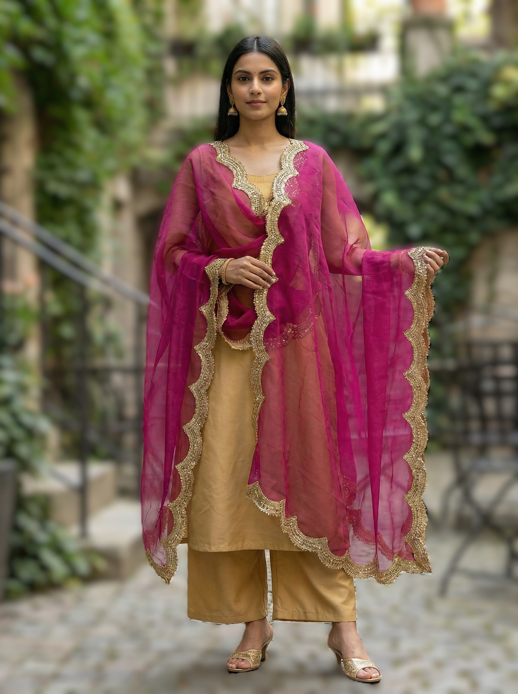 Pink Organza Designer Printed Dupatta