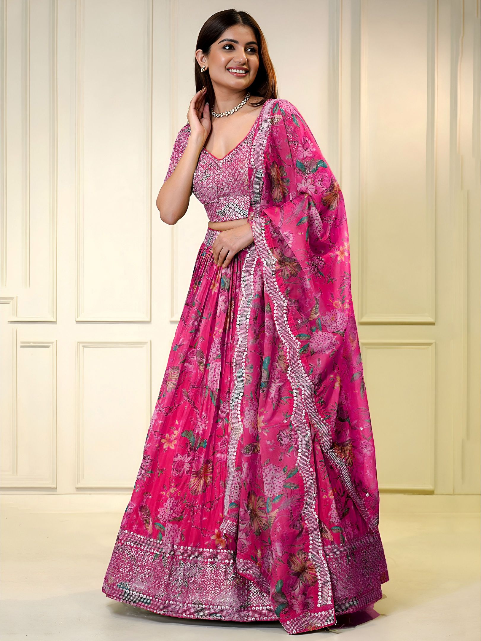 Pink Organza Digital Printed Sequins Zari Embroidered Lehenga Choli