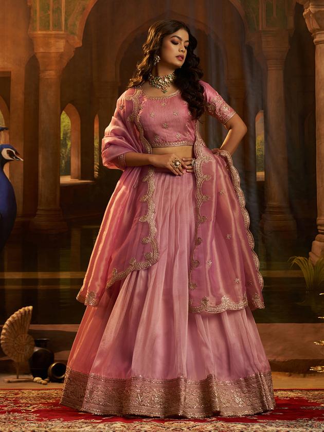 Pink Organza Embroidered Lehenga Choli