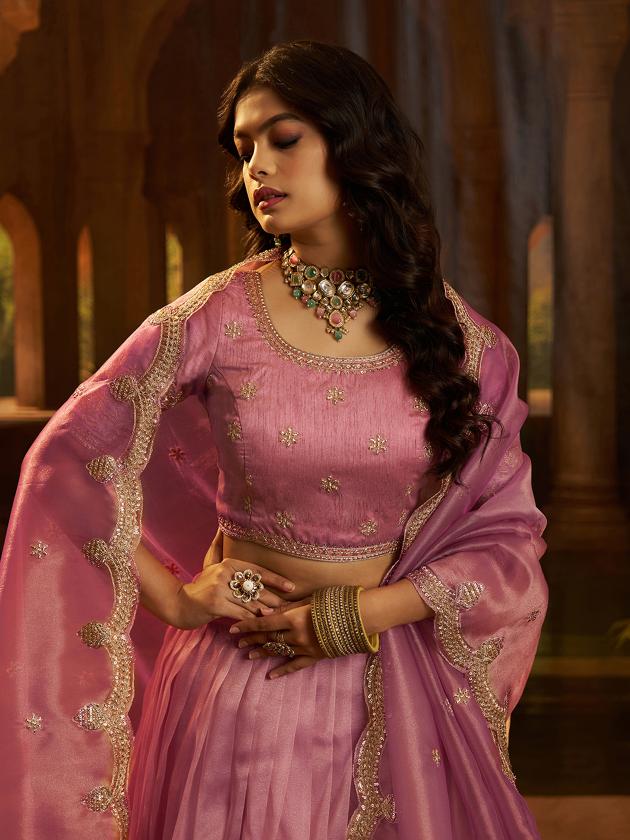 Pink Organza Embroidered Lehenga Choli