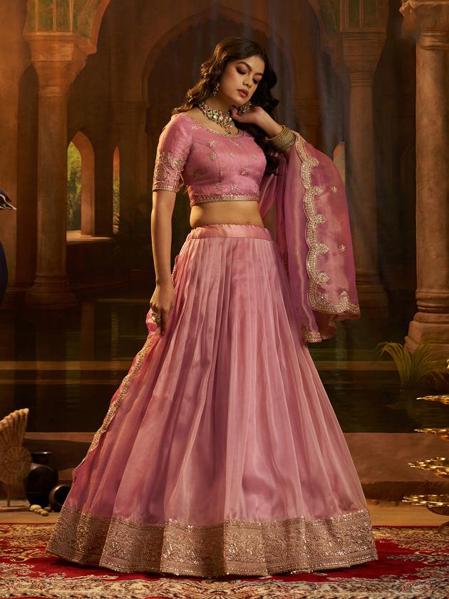 Pink Organza Embroidered Lehenga Choli
