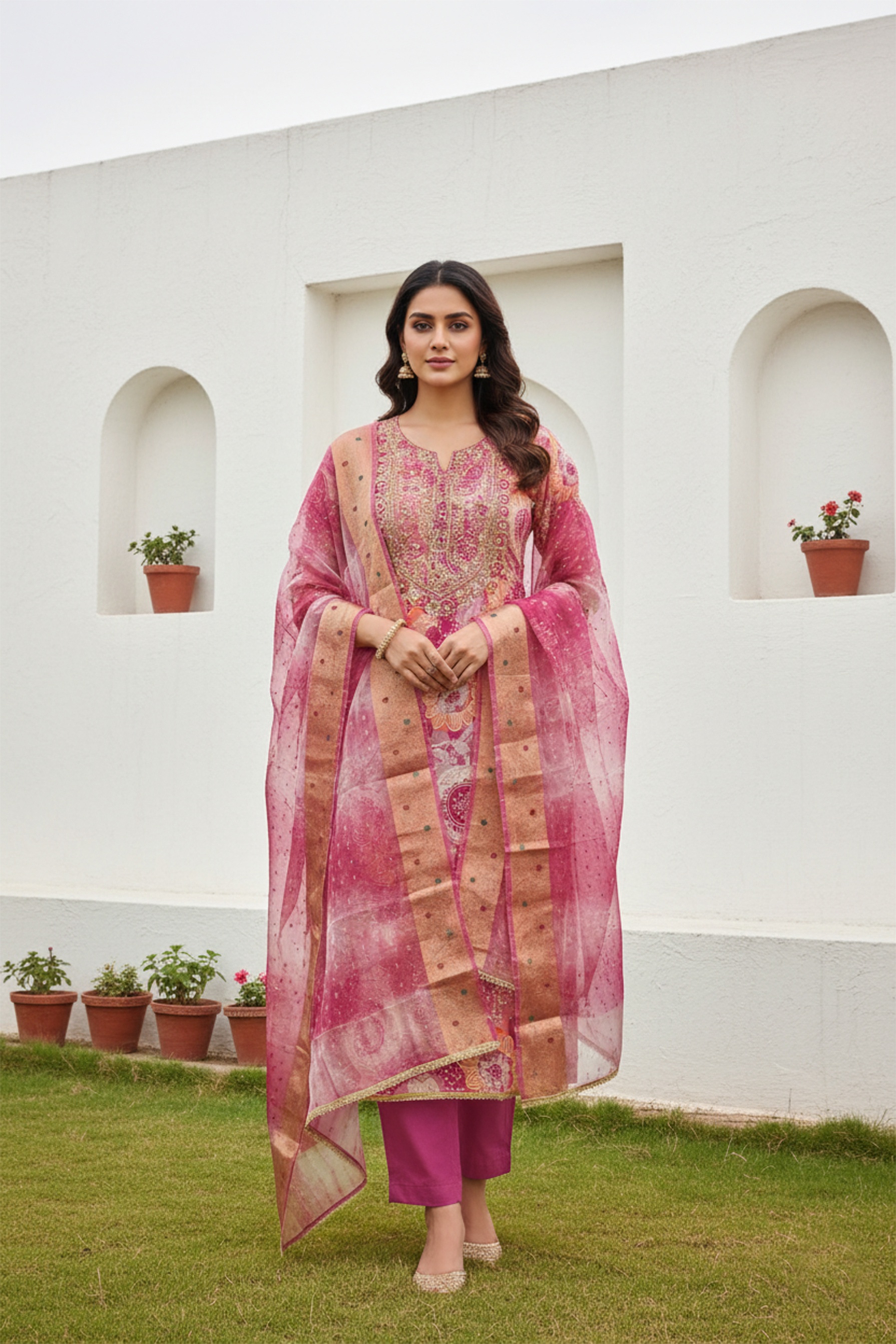 Pink Organza Jacquard Salwar Suit