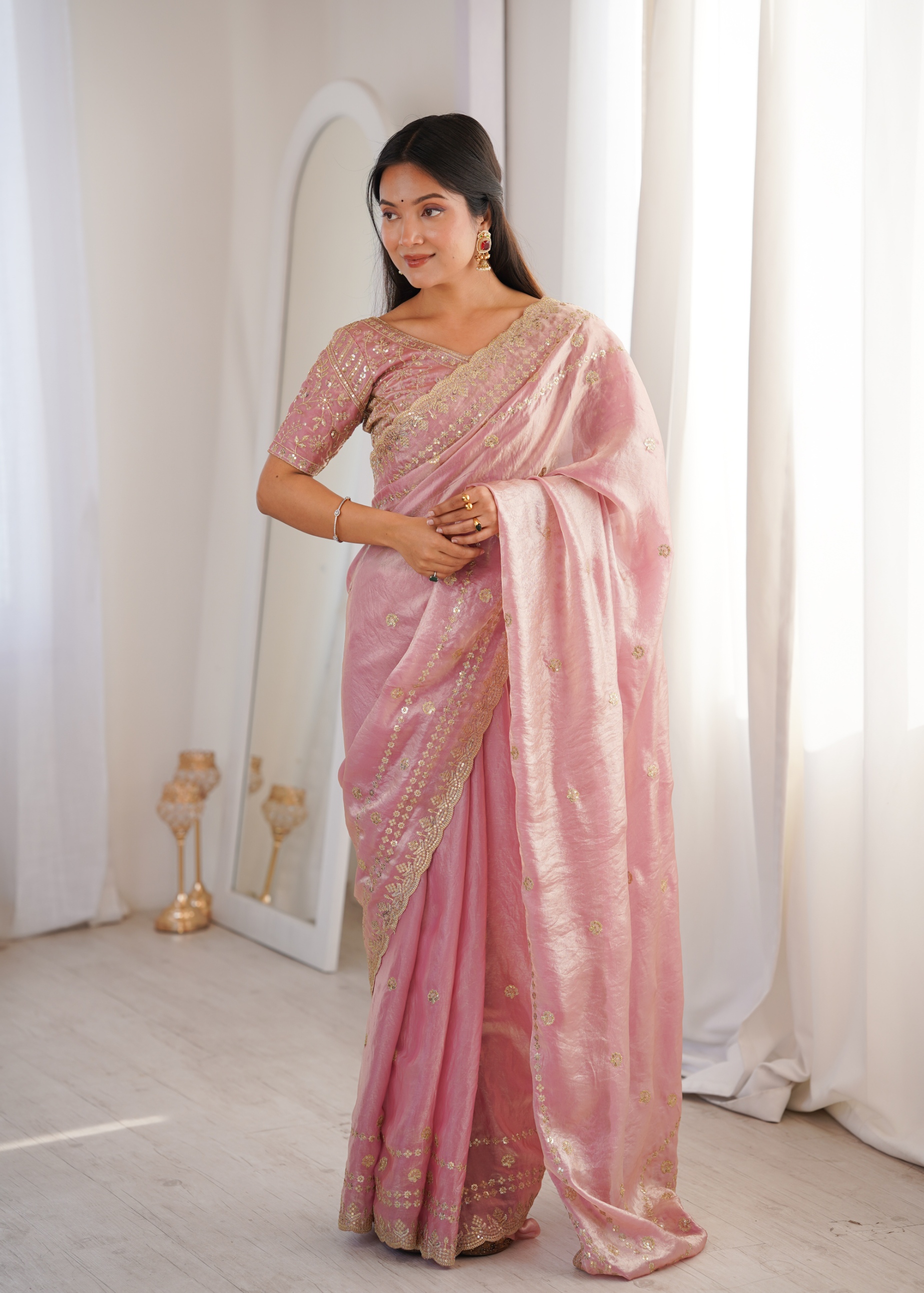 Pink Ornamental Sequin Fendy Satin Saree