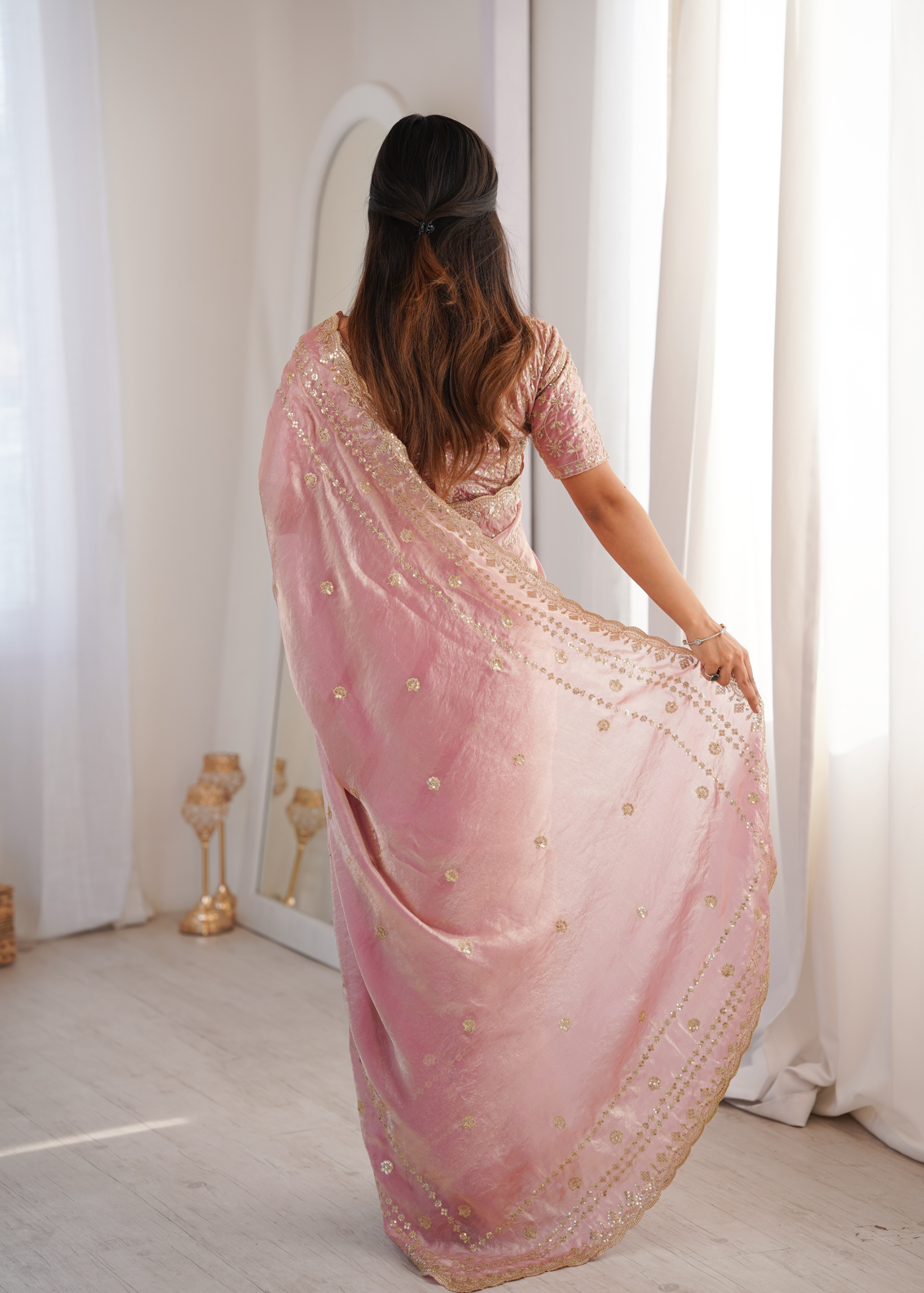 Pink Ornamental Sequin Fendy Satin Saree — alternate view
