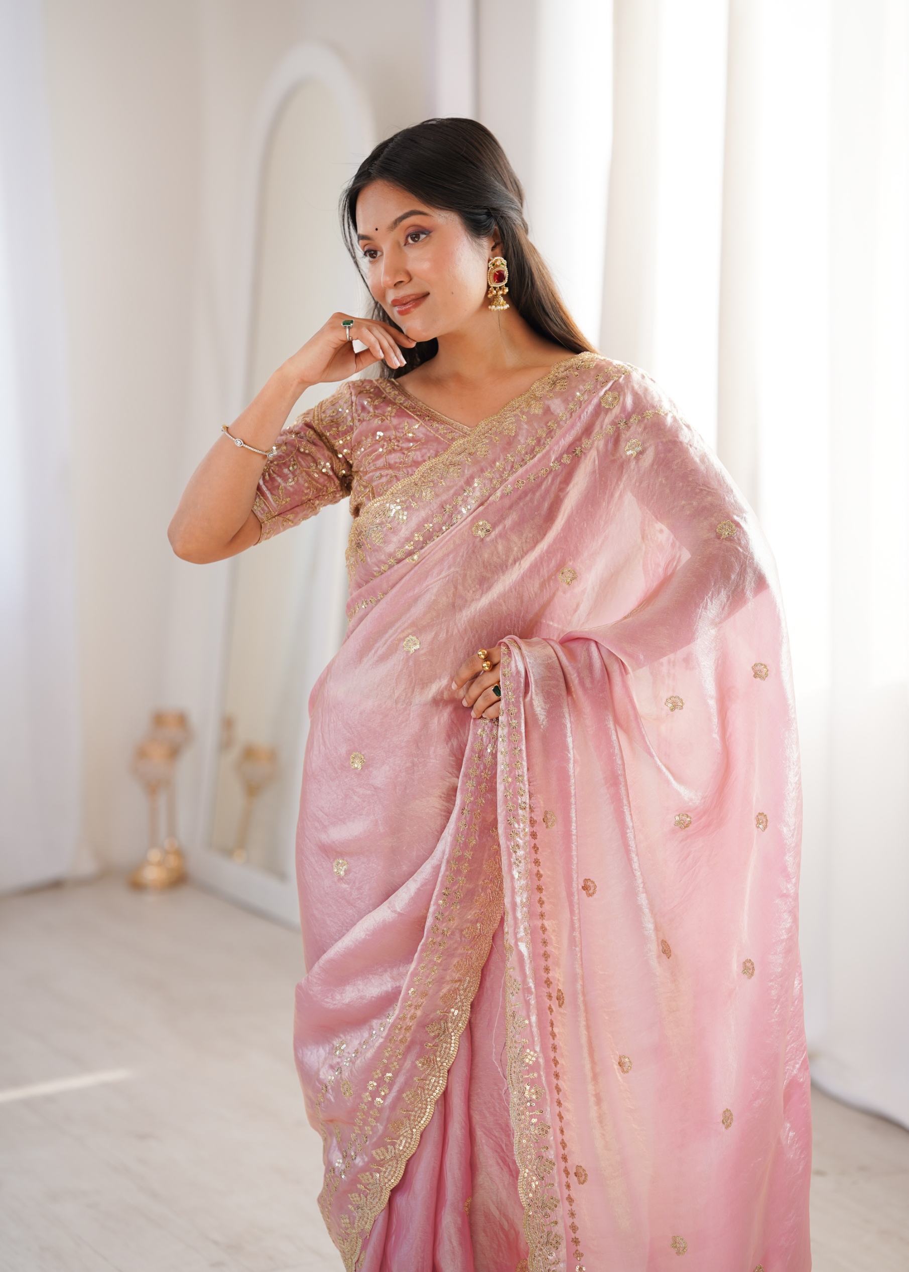 Pink Ornamental Sequin Fendy Satin Saree