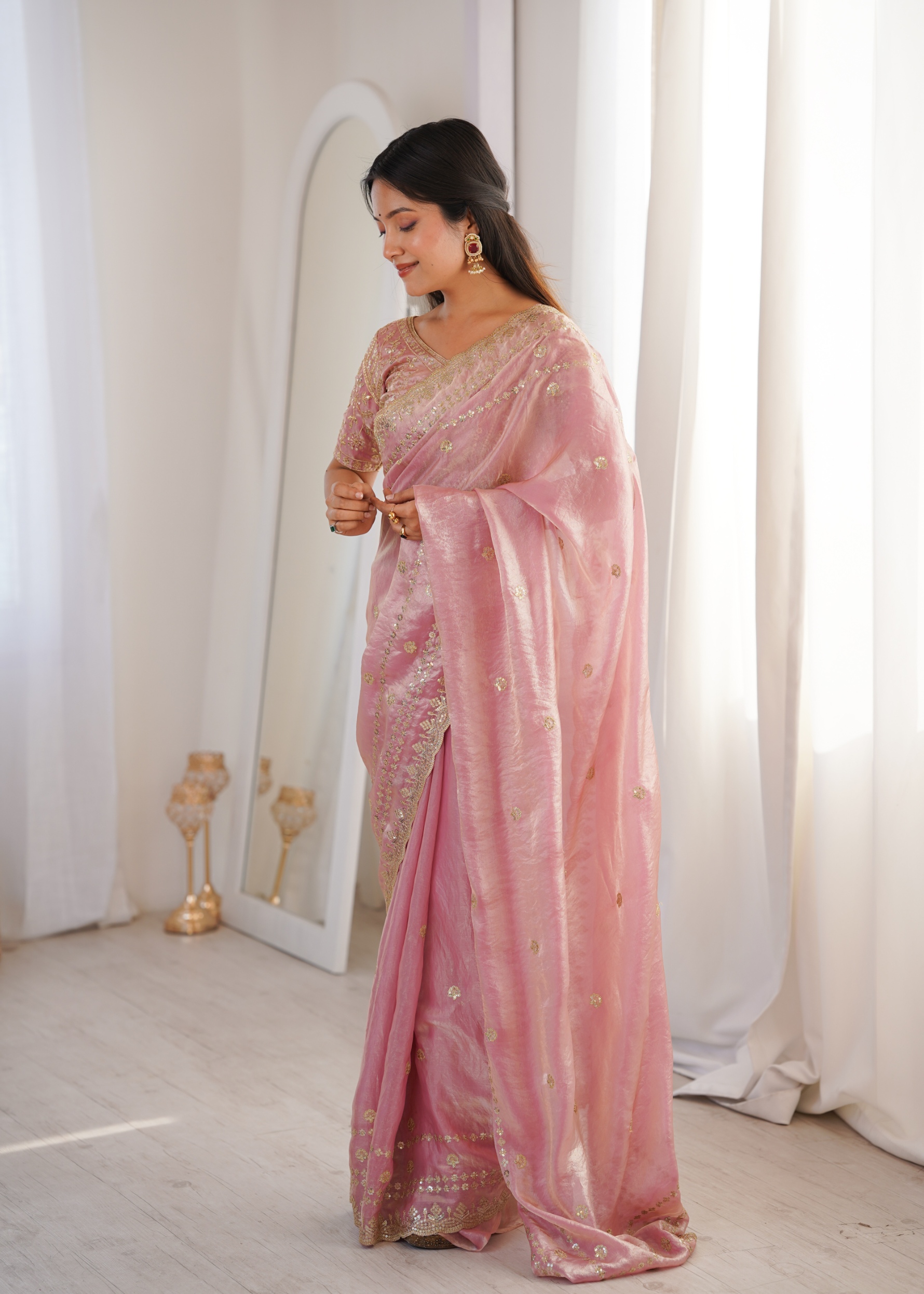 Pink Ornamental Sequin Fendy Satin Saree