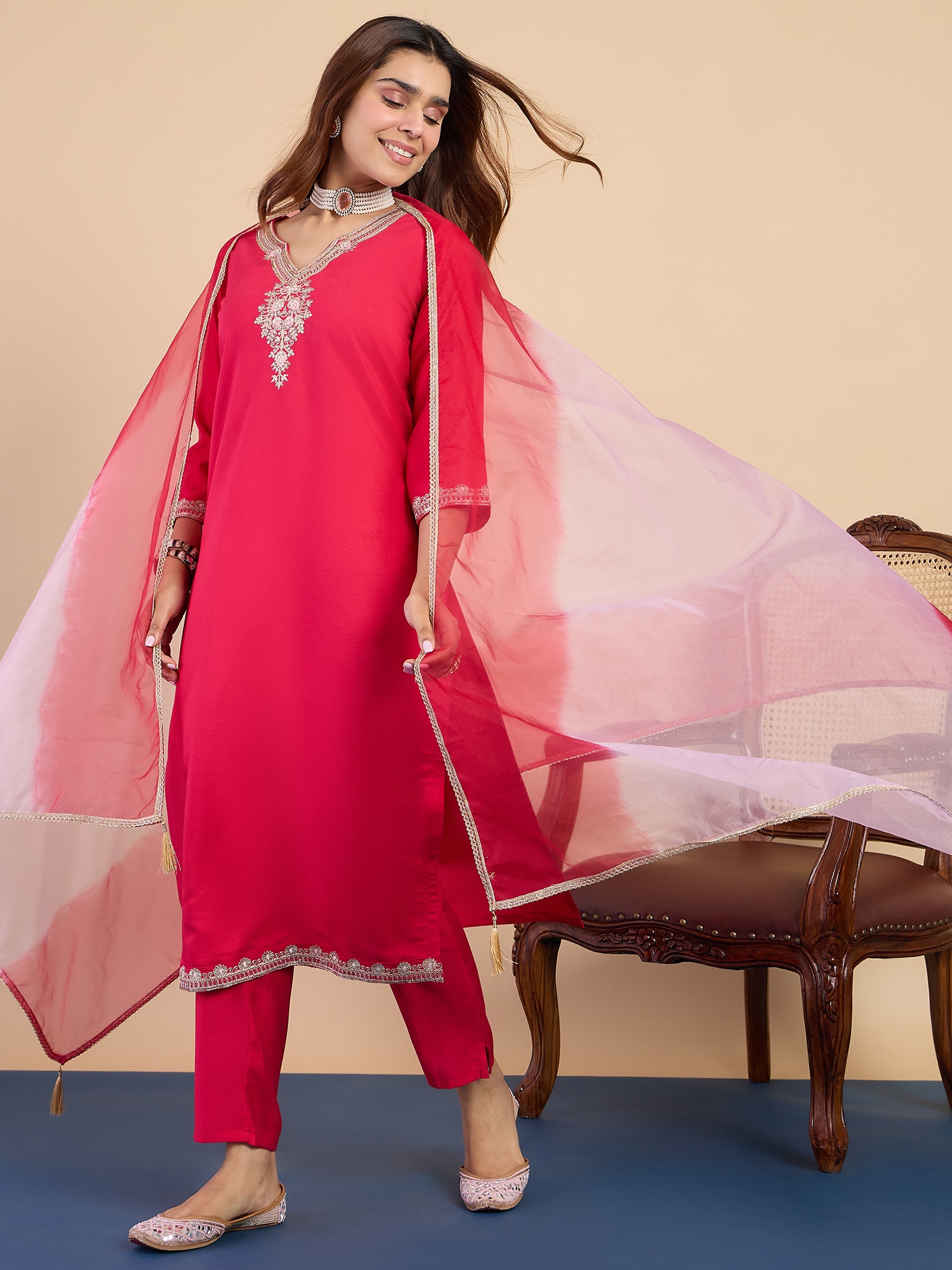 Pink Paisley Embroidered Roman Silk Kurta Set