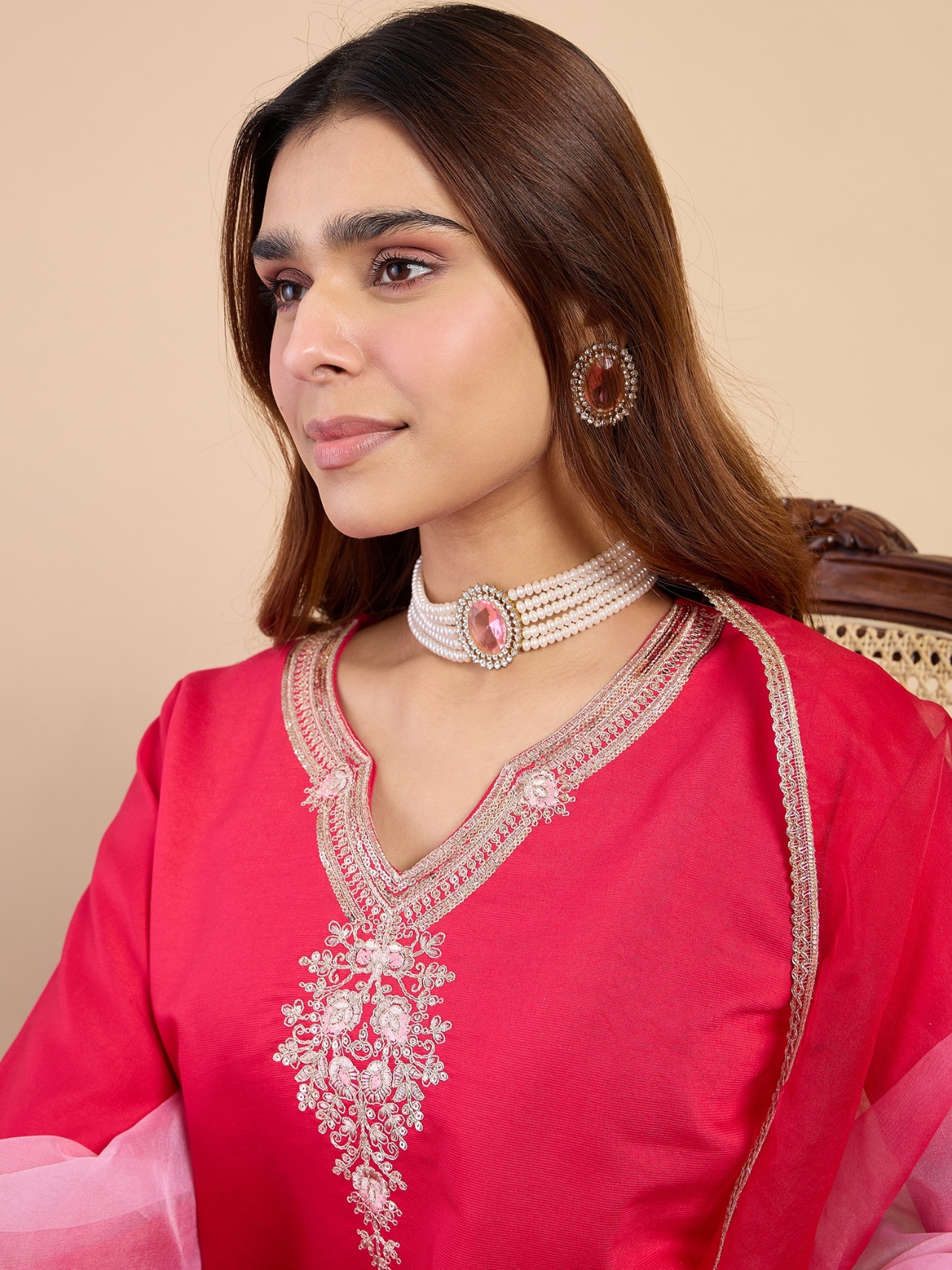 Pink Paisley Embroidered Roman Silk Kurta Set