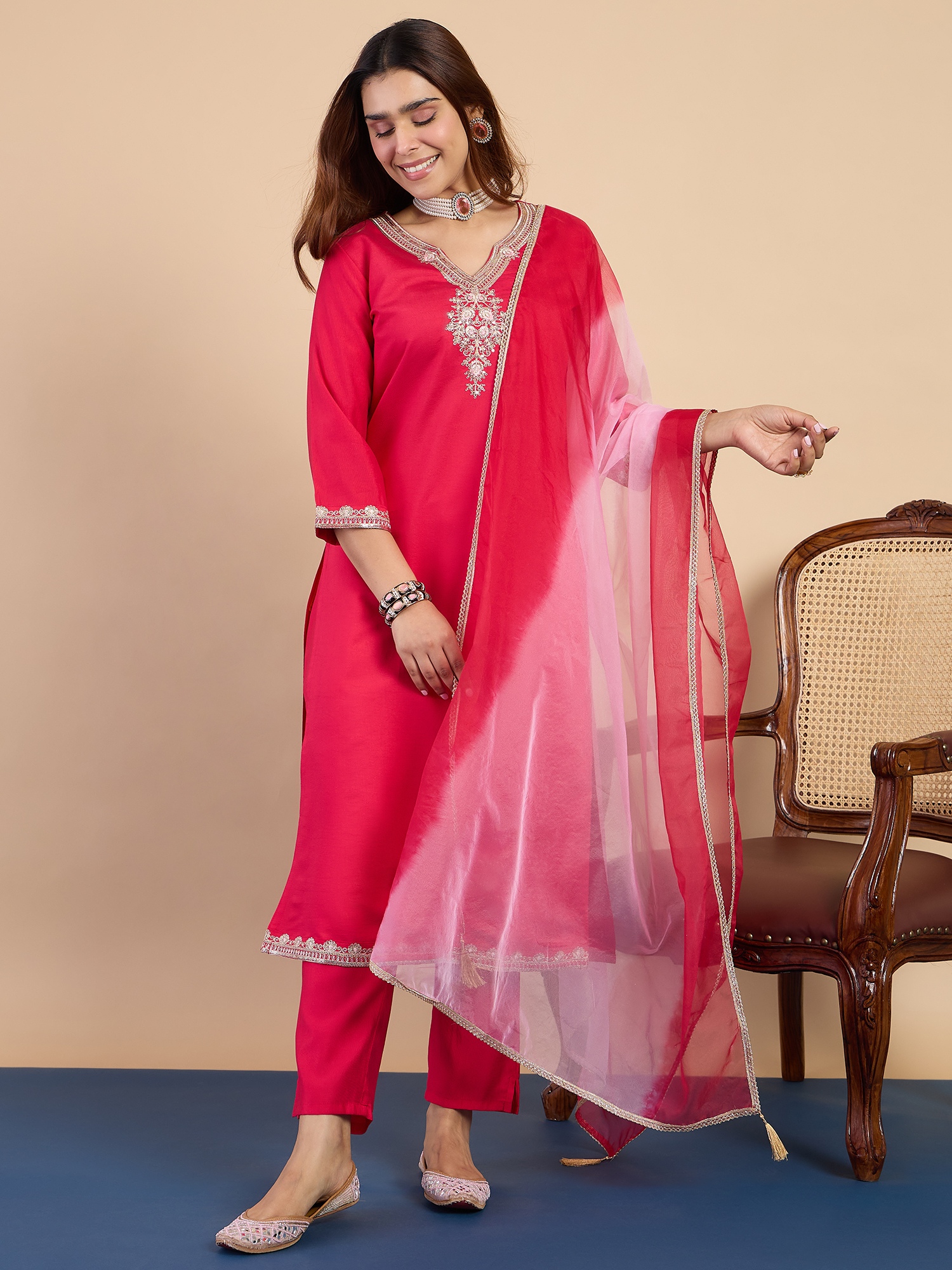 Pink Paisley Embroidered Roman Silk Kurta Set