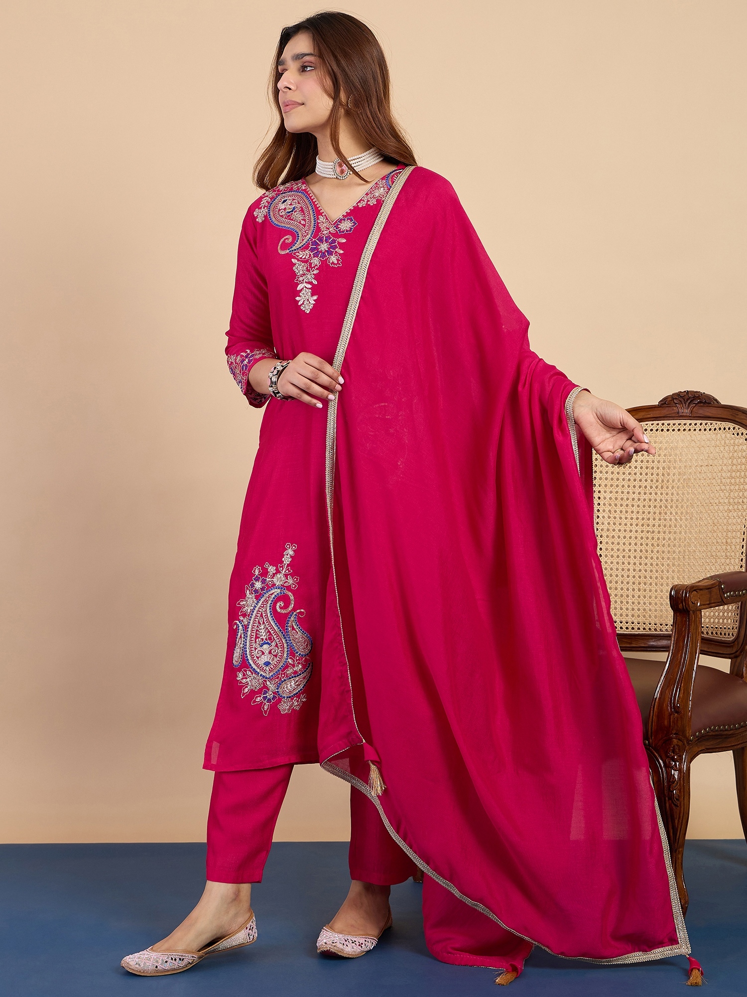 Pink Paisley Embroidered Silk Blend Kurta Set