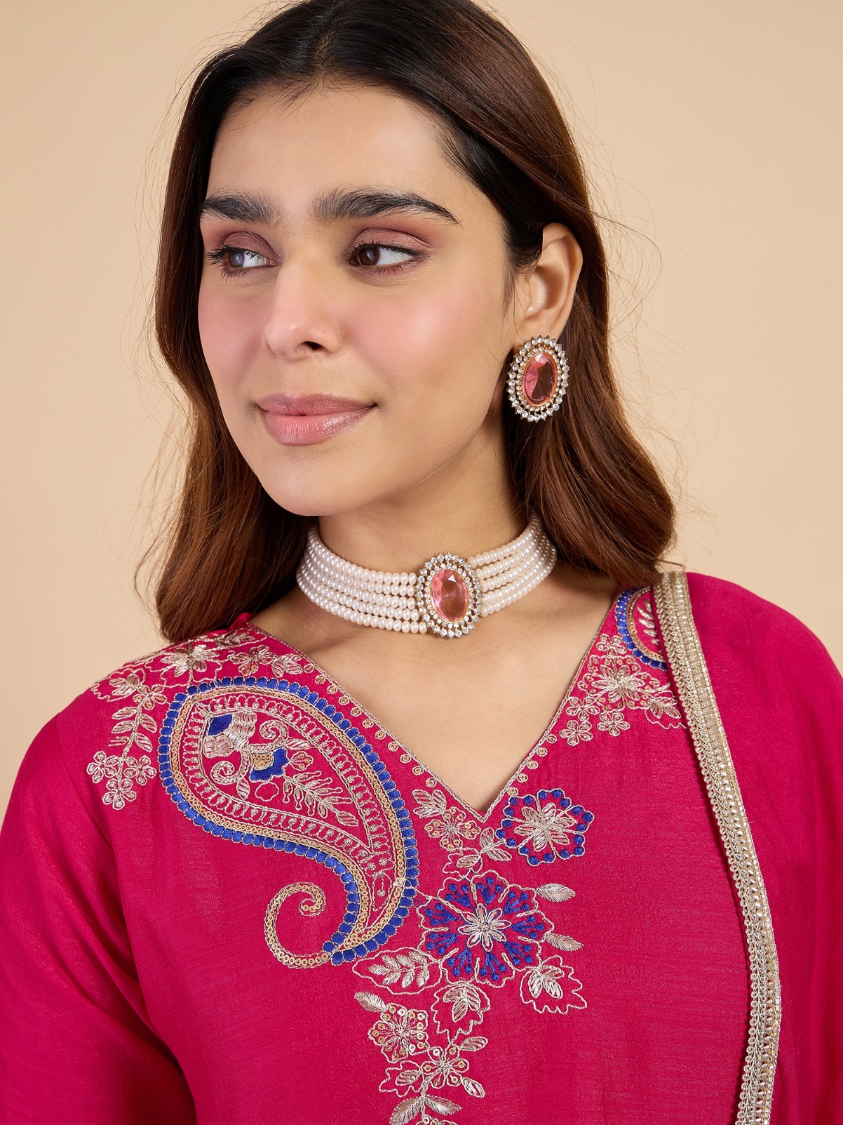 Pink Paisley Embroidered Silk Blend Kurta Set