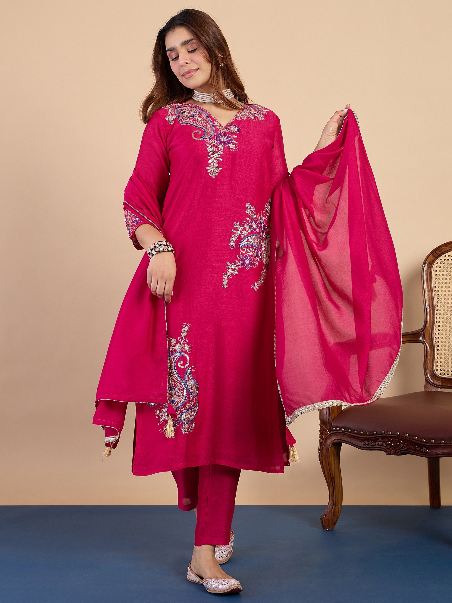 Pink Paisley Embroidered Silk Blend Kurta Set
