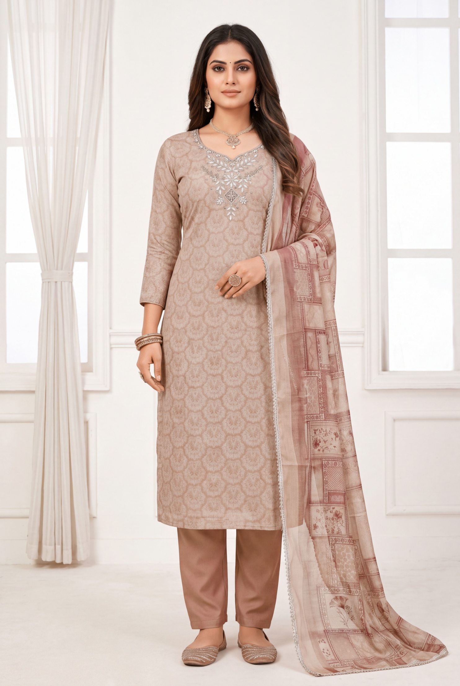 Pink Paisley Hand Work Shimmer Lilen Straight Suit