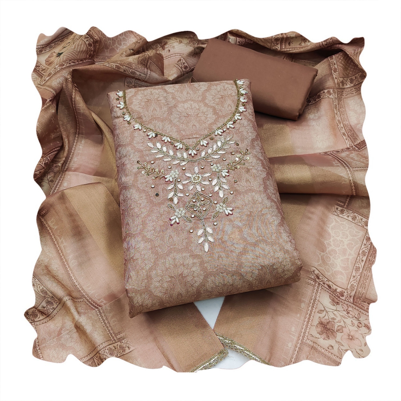 Pink Paisley Hand Work Shimmer Lilen Straight Suit — alternate view