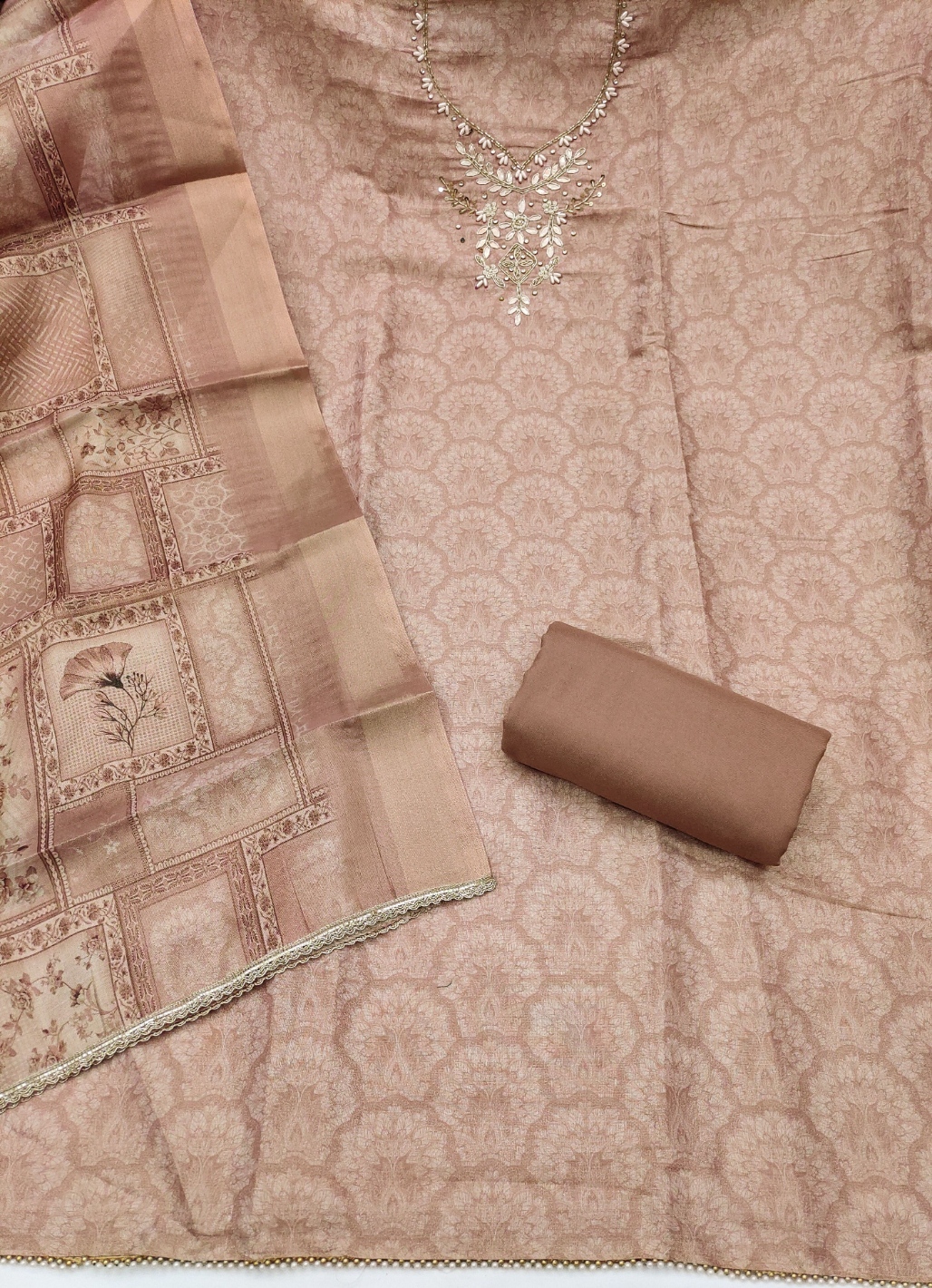 Pink Paisley Hand Work Shimmer Lilen Straight Suit