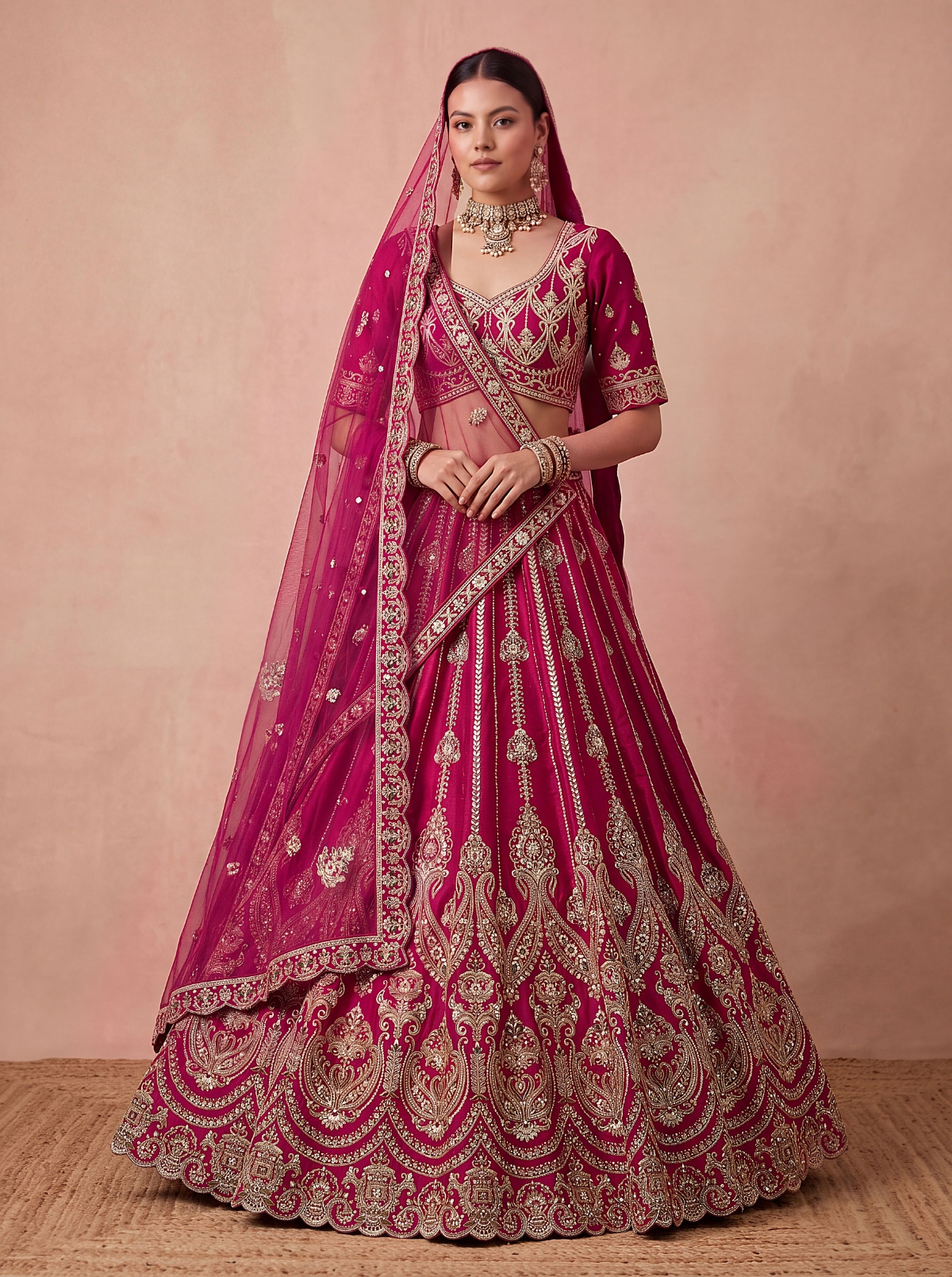 Pink Paisley Sequins Silk Bridal Lehenga Choli