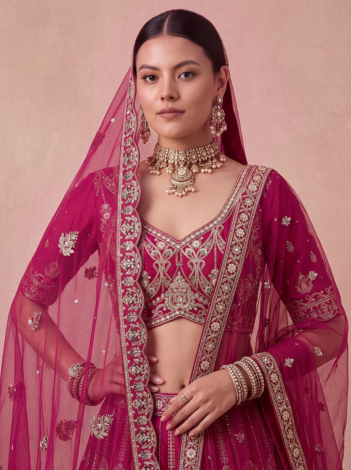 Pink Paisley Sequins Silk Bridal Lehenga Choli