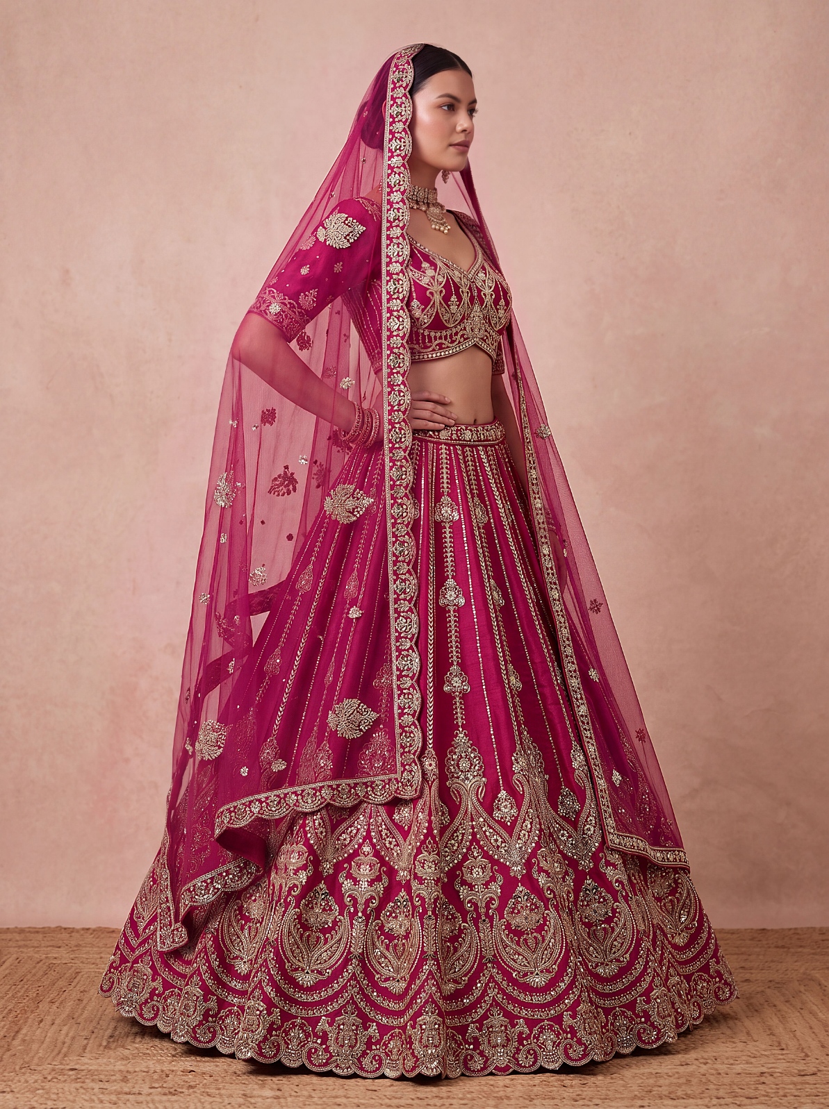 Pink Paisley Sequins Silk Bridal Lehenga Choli
