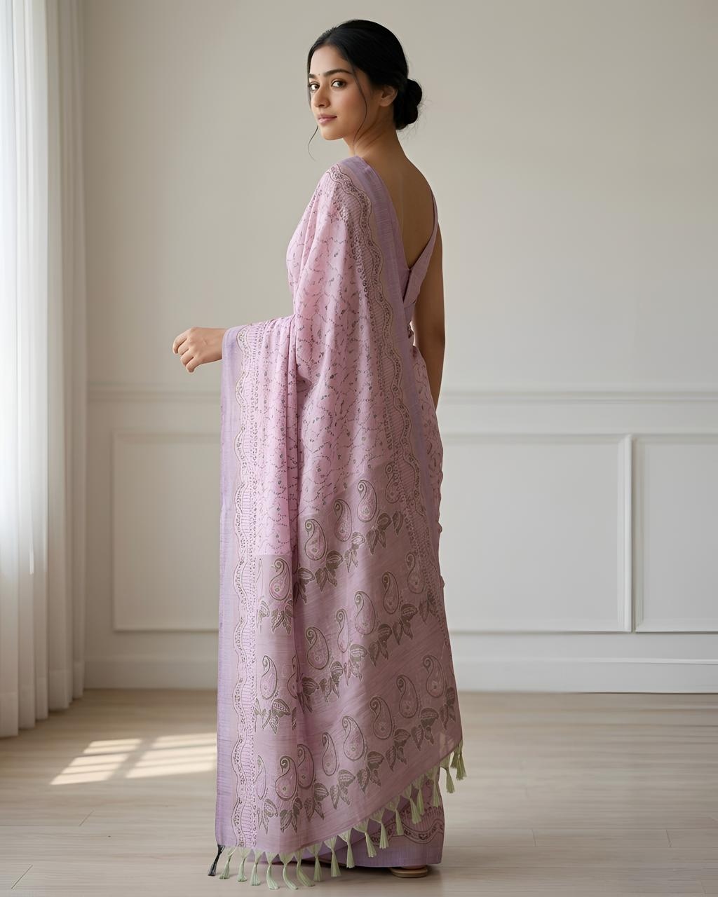 Pink Paisley Woven Cotton Silk Saree — alternate view