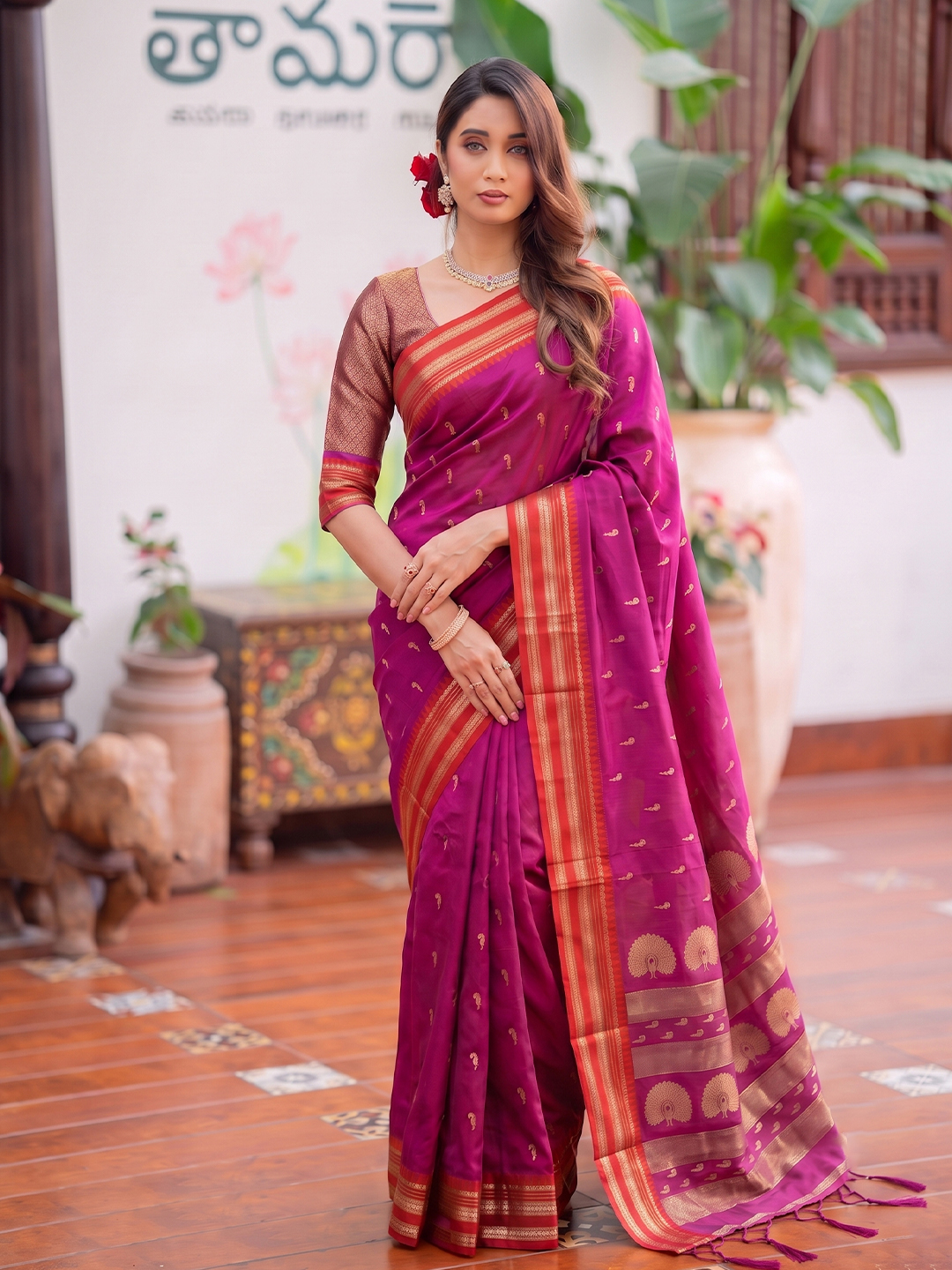 Pink Paisley Woven Soft Silk Saree