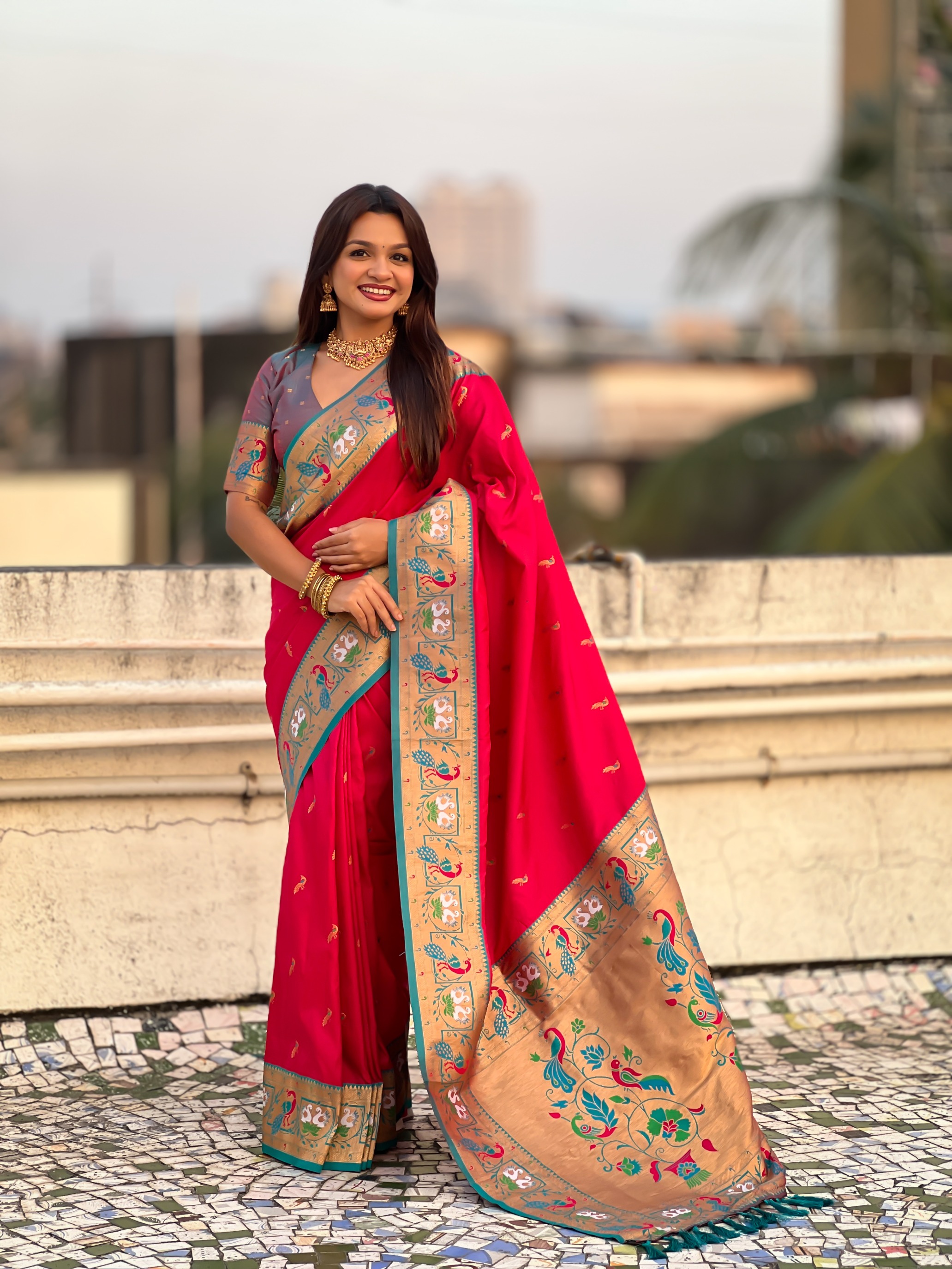 Pink Paithani Silk Saree with Grey Border