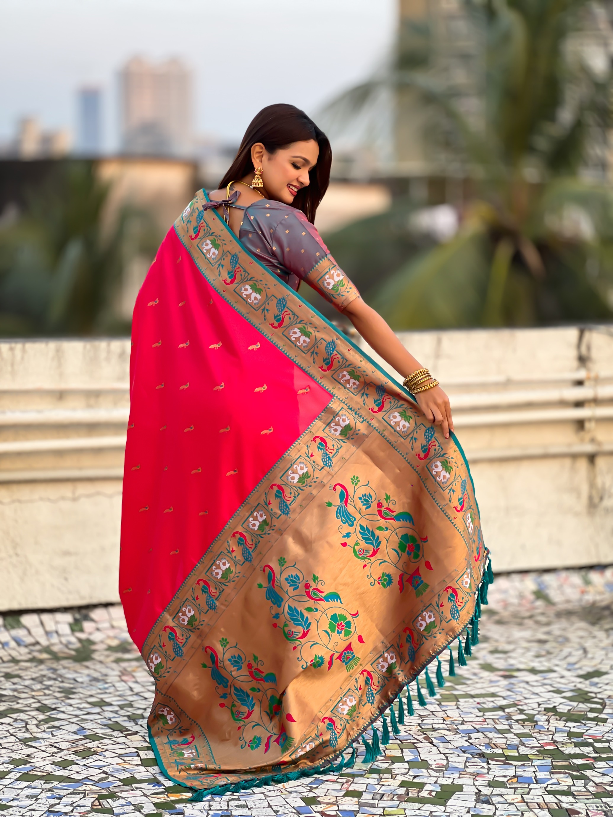 Pink Paithani Silk Saree with Grey Border — alternate view