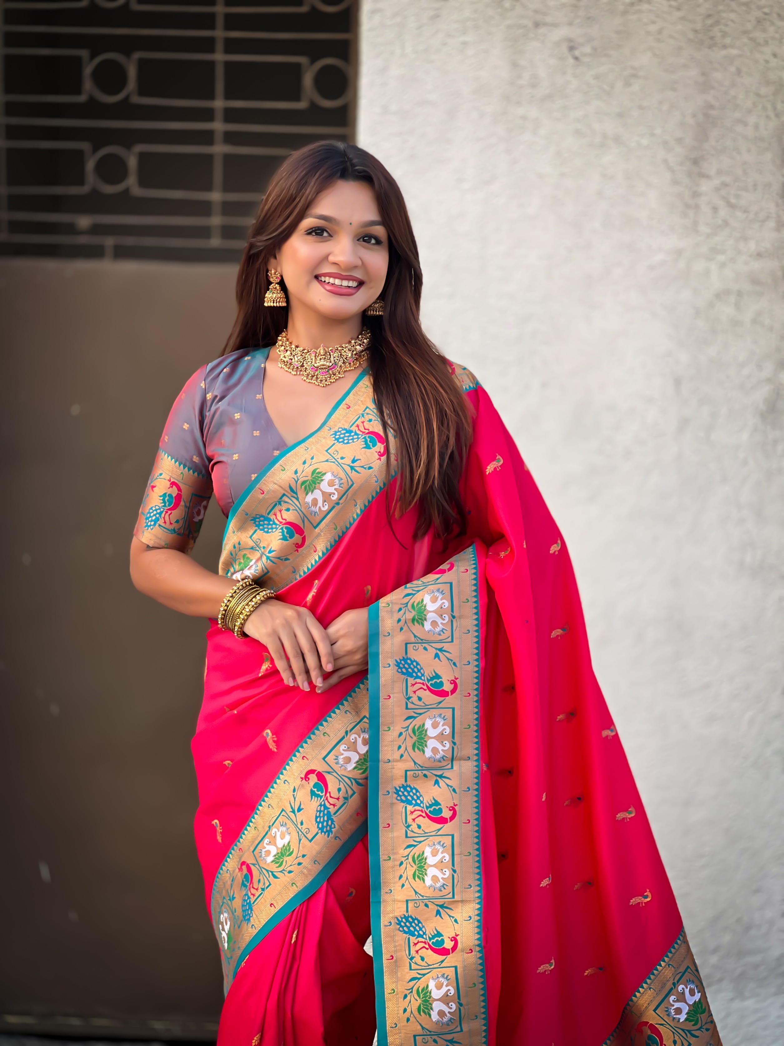 Pink Paithani Silk Saree with Grey Border