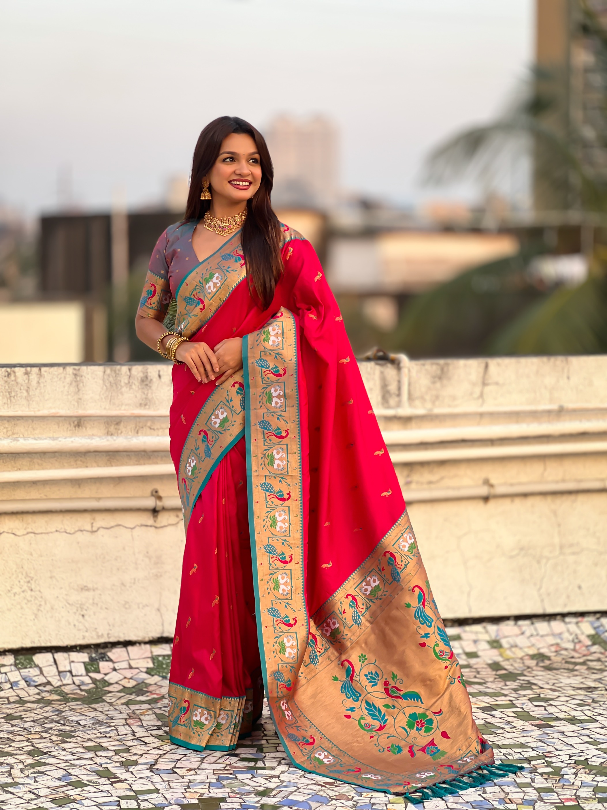 Pink Paithani Silk Saree with Grey Border