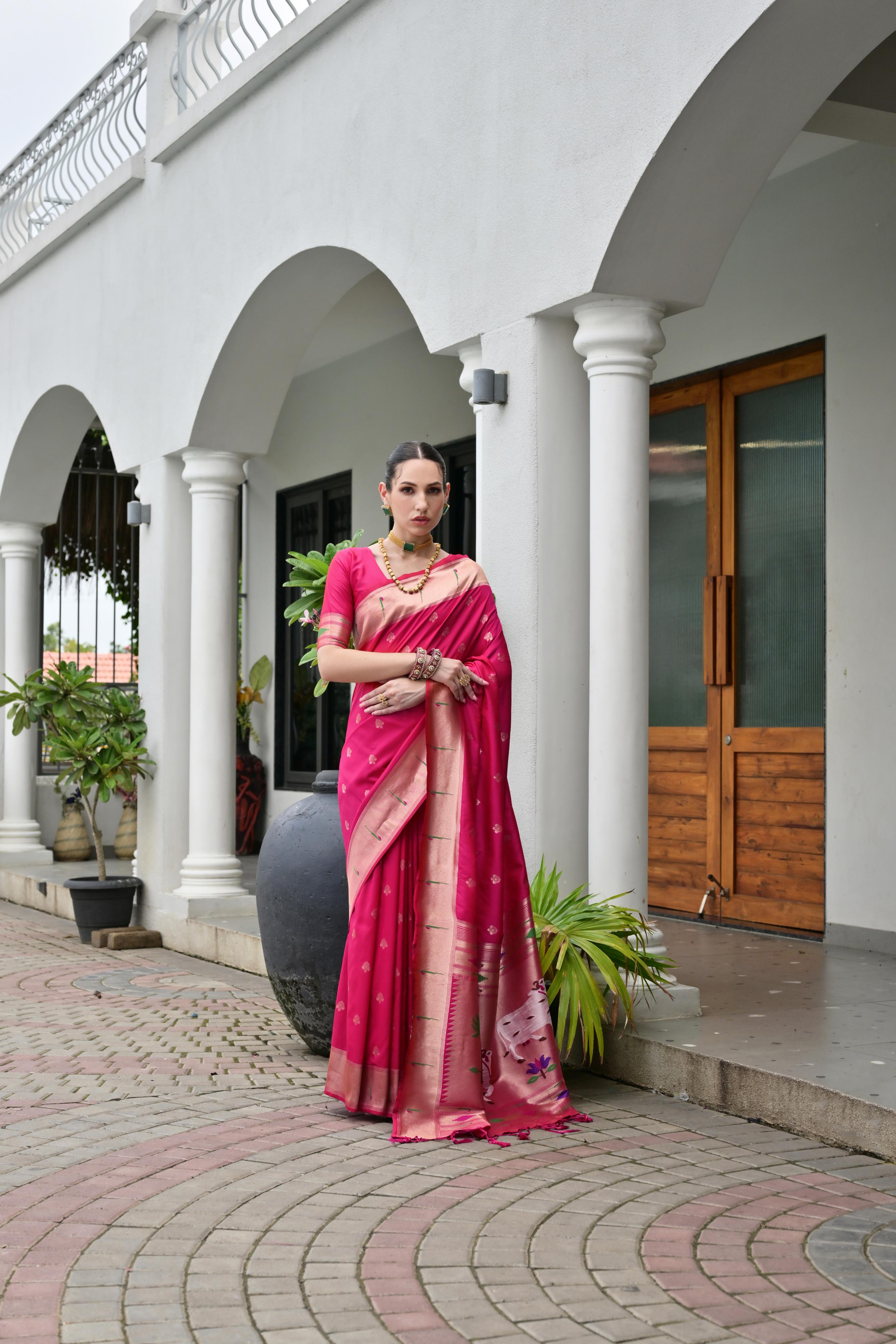 Pink Paithani Woven Designer Banarasi Silk Saree