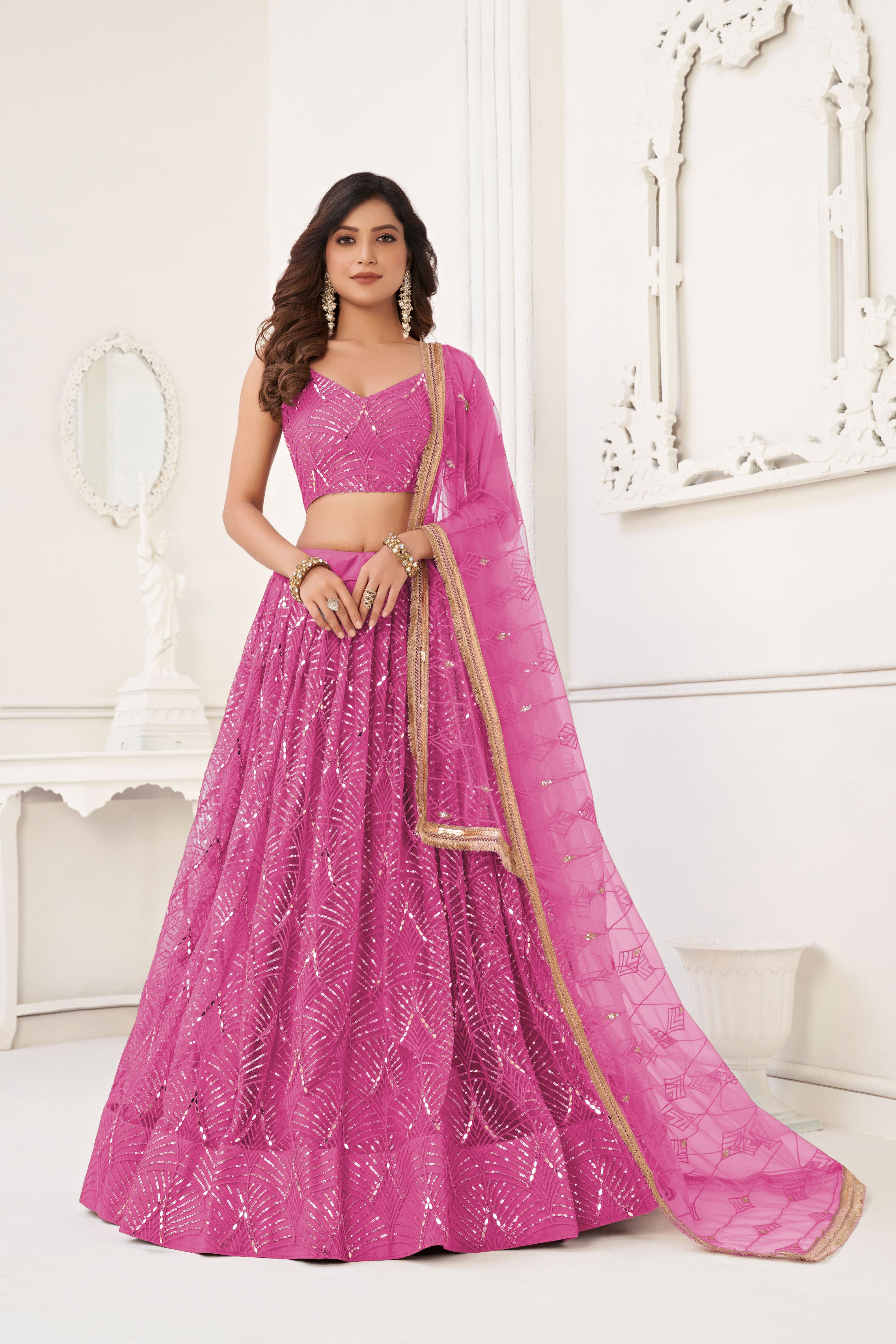 Pink Party Wear Butterfly Net Lehenga
