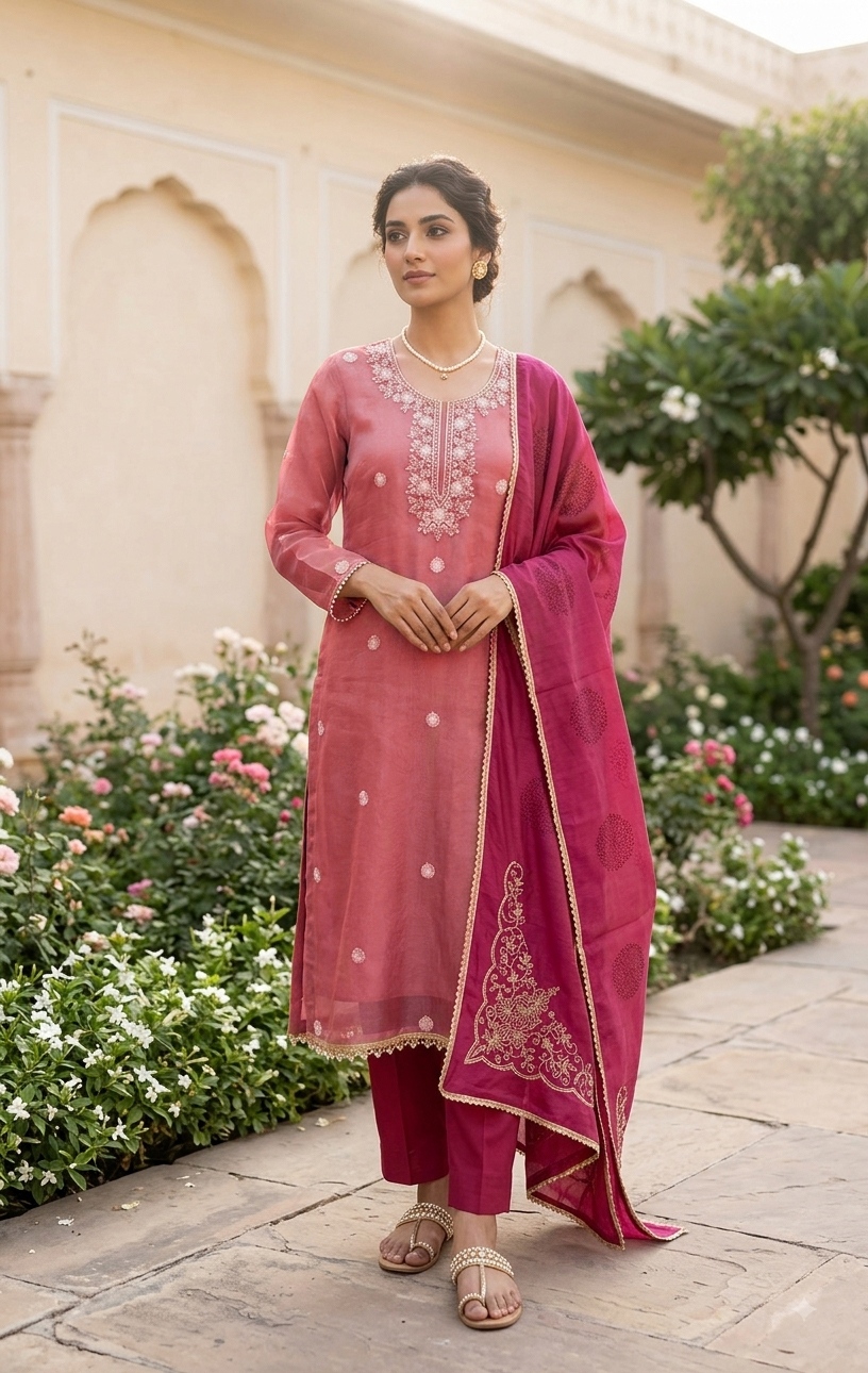 Pink Pastel Floral Embroidery Salsa Straight Suit