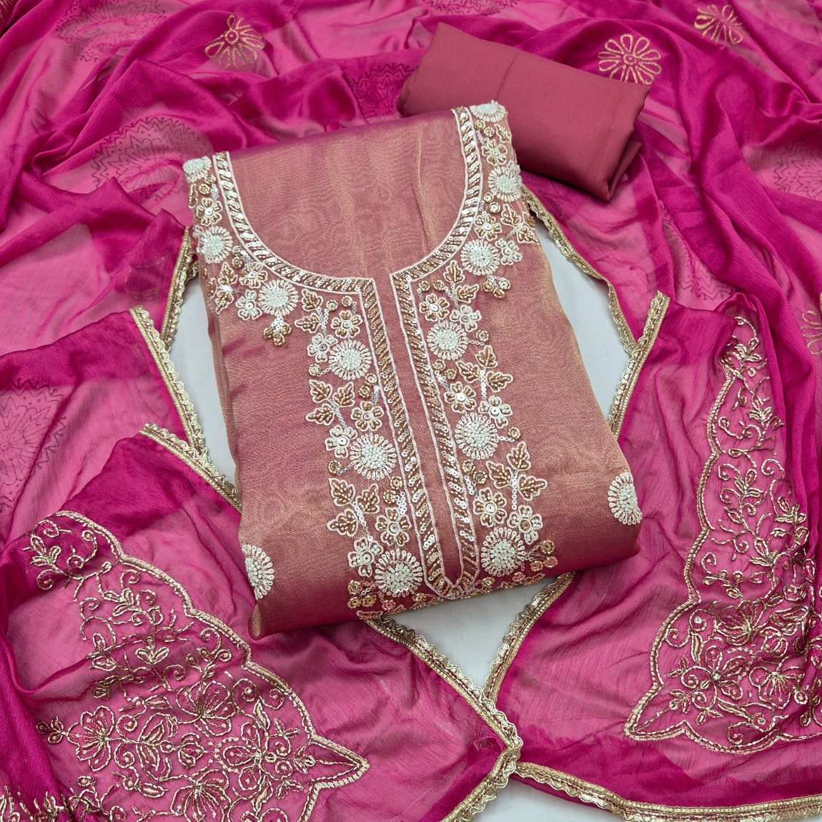 Pink Pastel Floral Embroidery Salsa Straight Suit