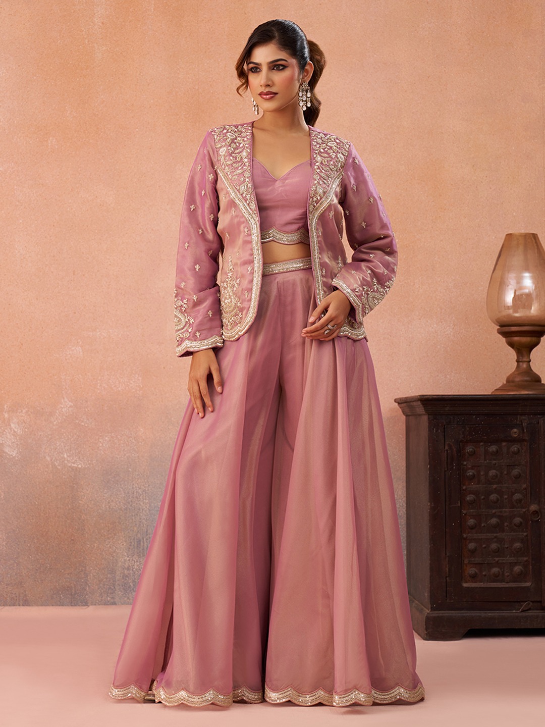 Pink Pastel Layered Embroidered Tissue Indo Western Set