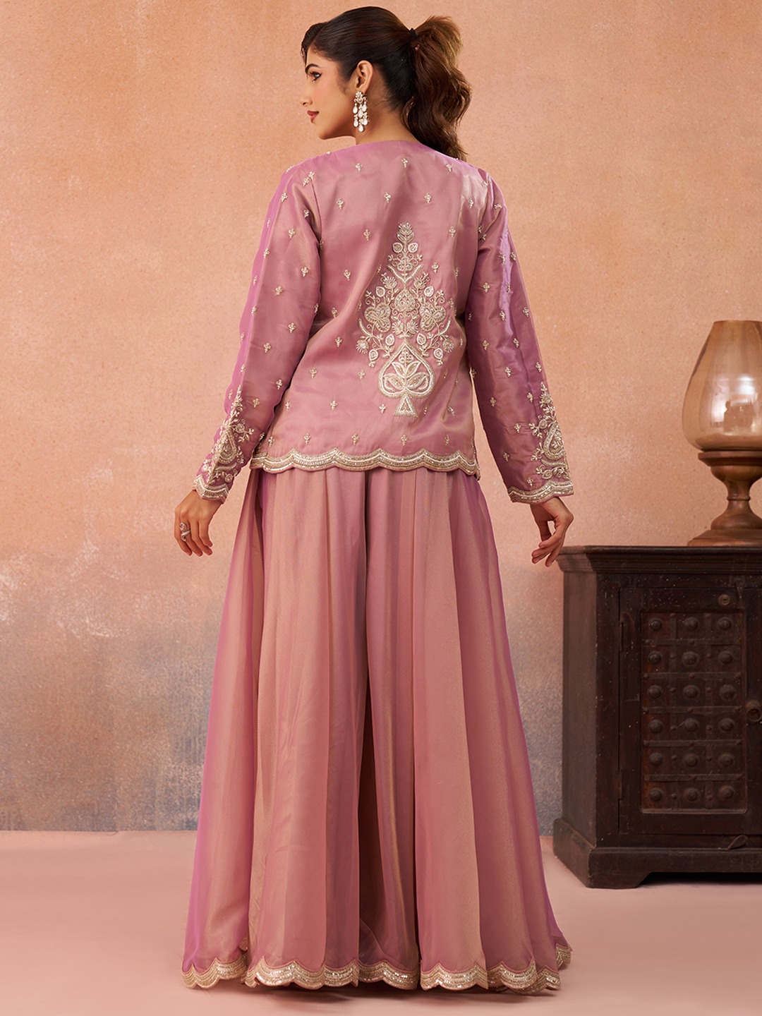 Pink Pastel Layered Embroidered Tissue Indo Western Set — alternate view