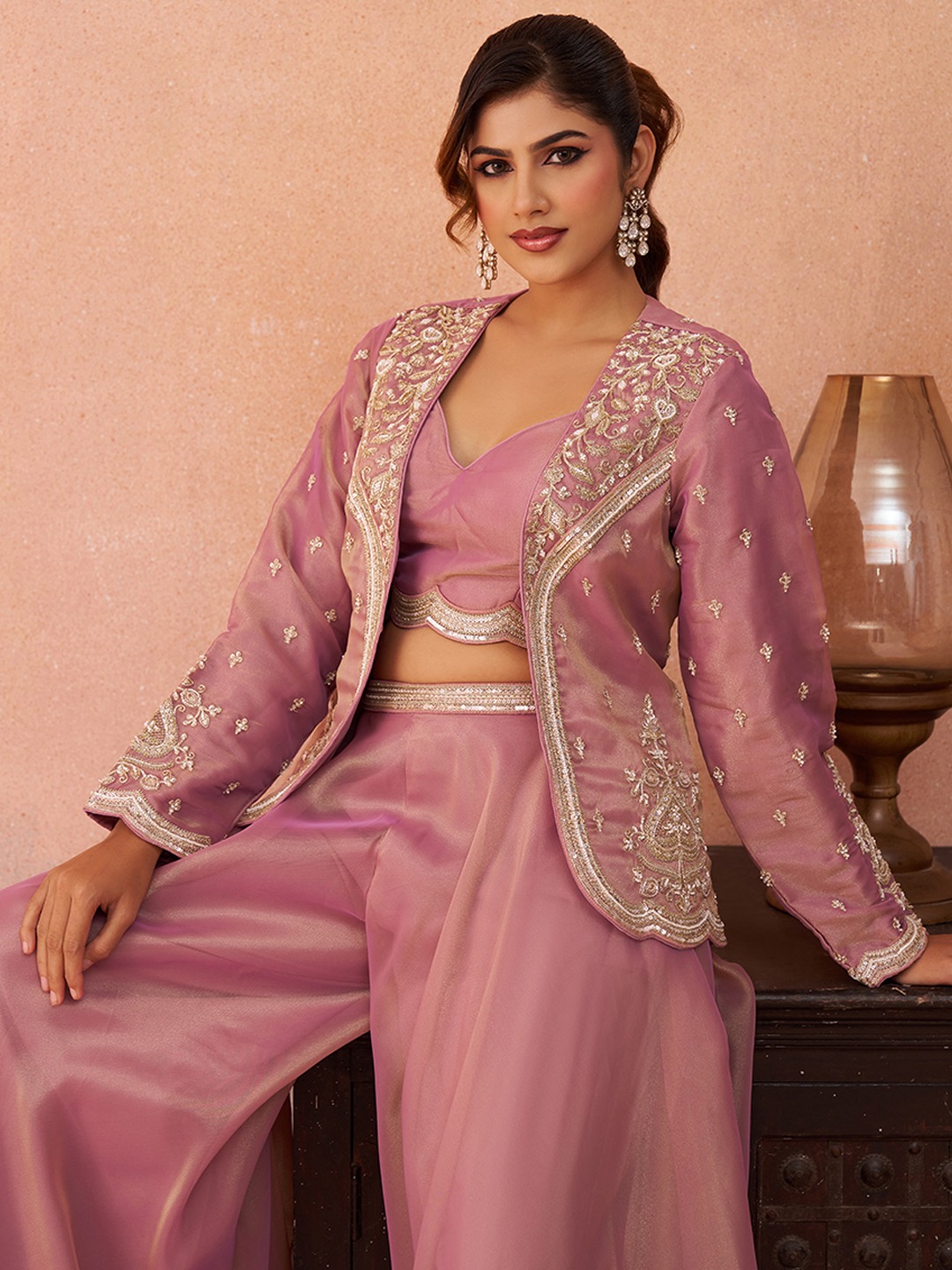 Pink Pastel Layered Embroidered Tissue Indo Western Set
