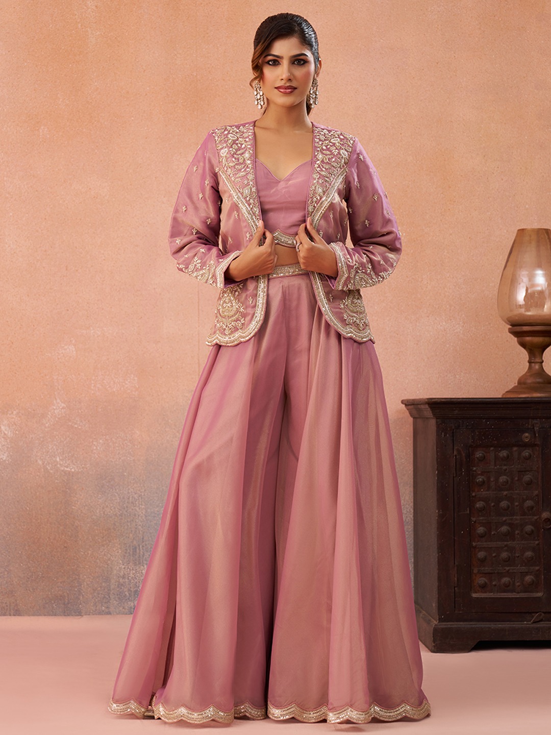Pink Pastel Layered Embroidered Tissue Indo Western Set