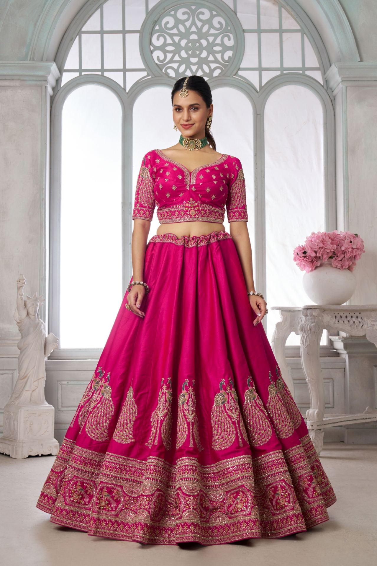 Pink Peacock Embroidered Silk Lehenga Choli