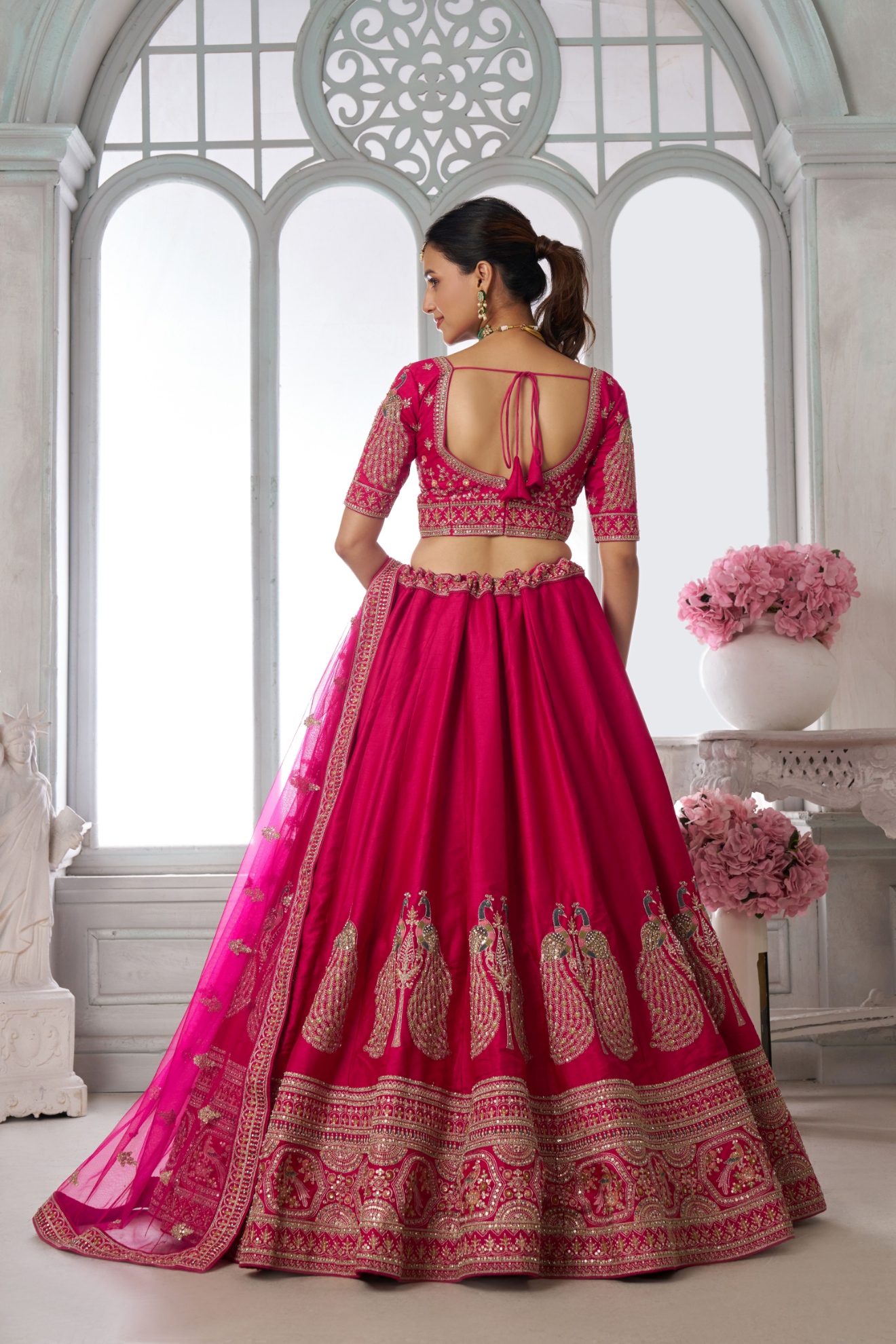 Pink Peacock Embroidered Silk Lehenga Choli — alternate view