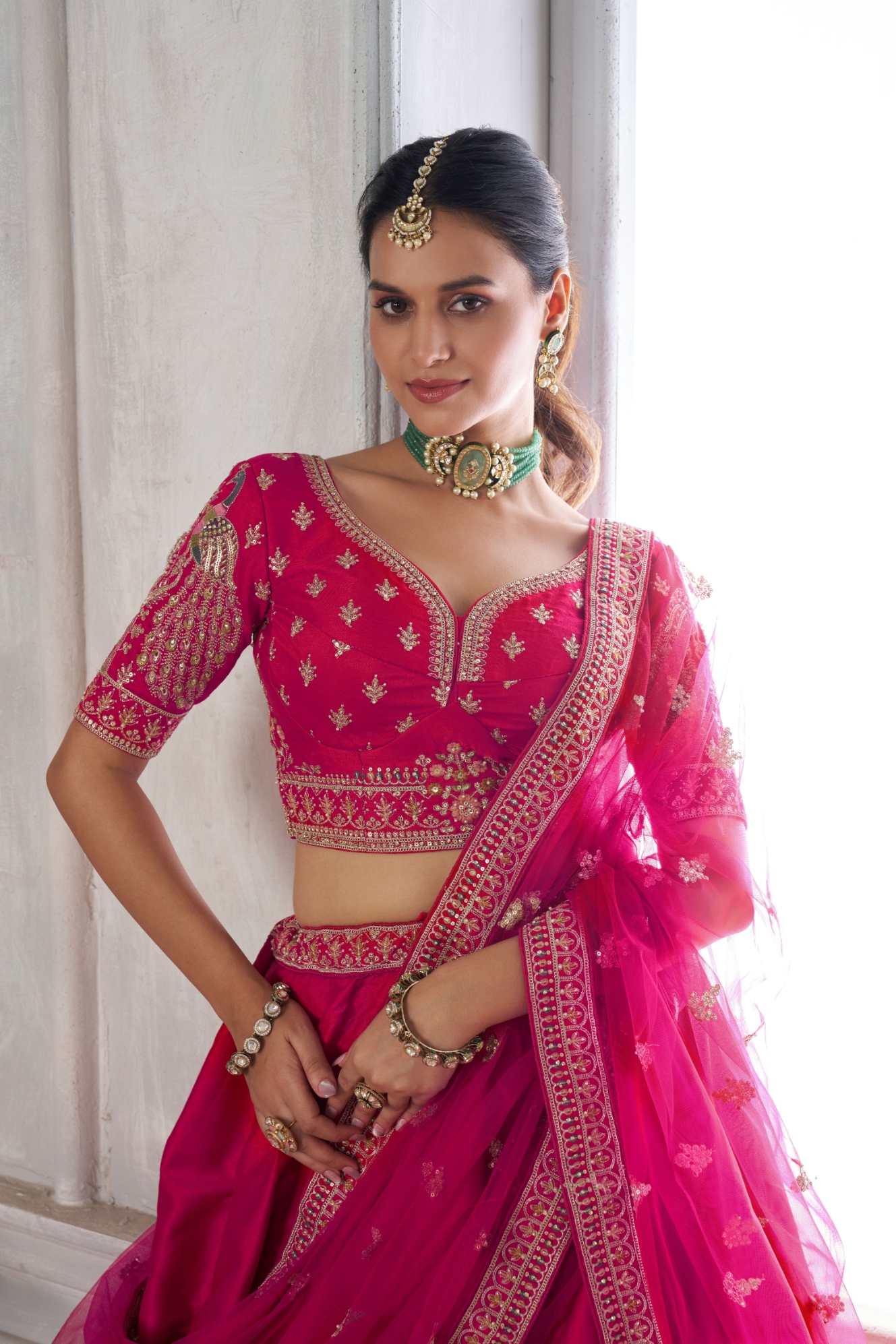 Pink Peacock Embroidered Silk Lehenga Choli