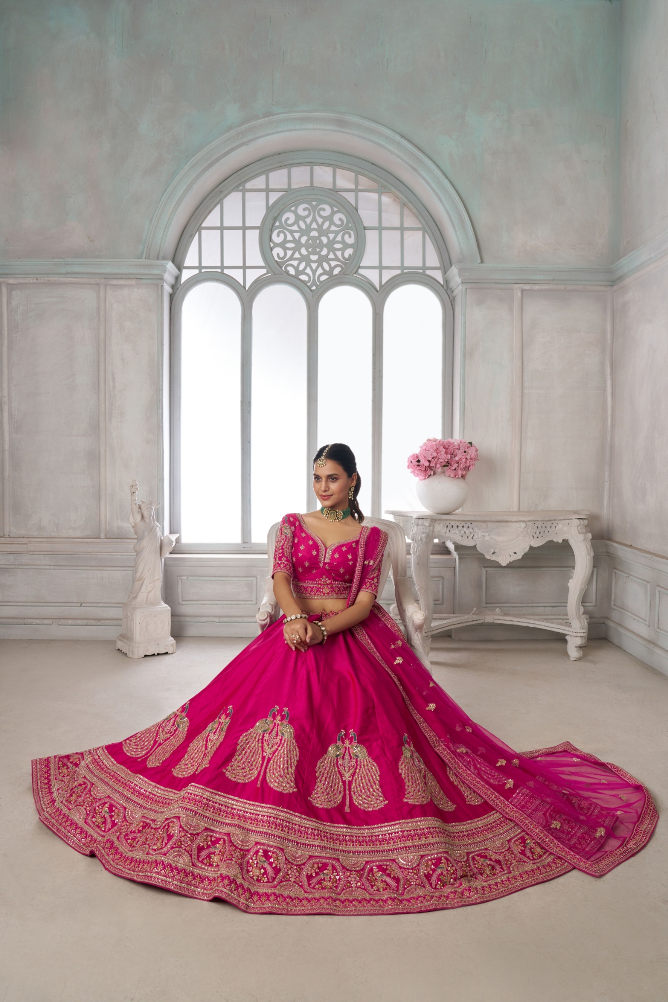 Pink Peacock Embroidered Silk Lehenga Choli