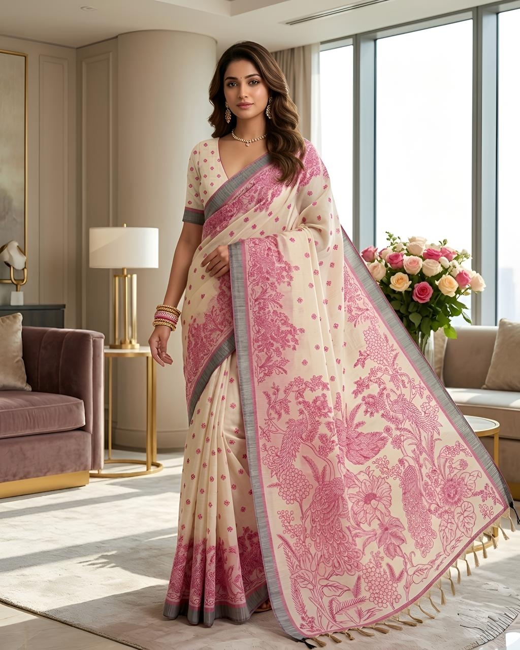 Pink Peacock Heritage Printed Linen Saree