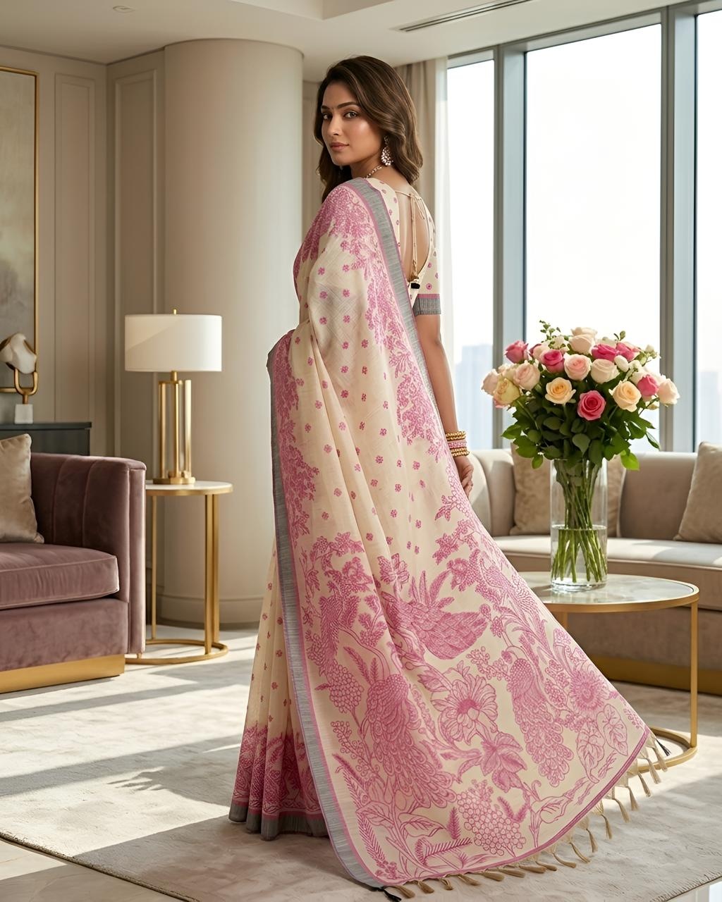 Pink Peacock Heritage Printed Linen Saree — alternate view