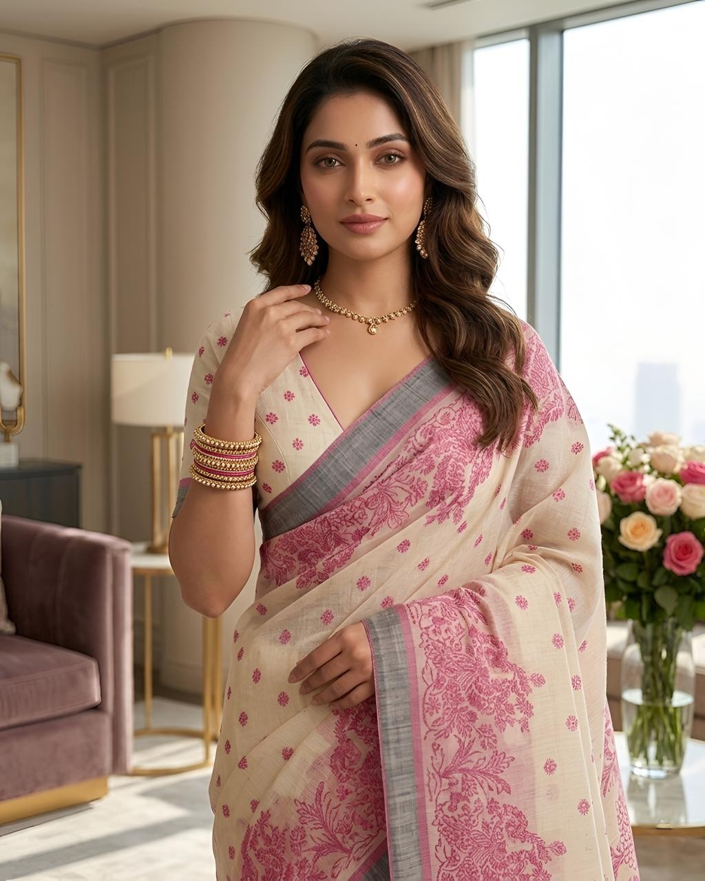 Pink Peacock Heritage Printed Linen Saree