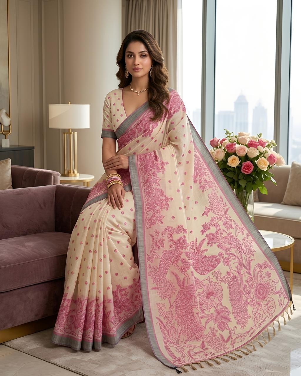 Pink Peacock Heritage Printed Linen Saree