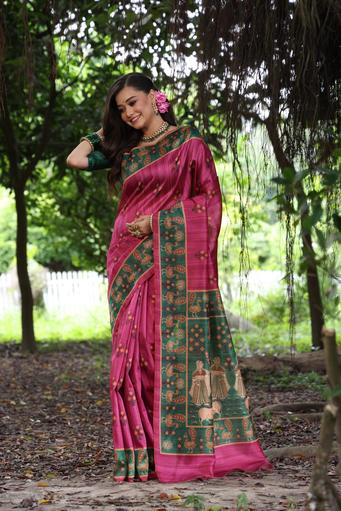 Pink Peacock Printed Tussar Silk Saree