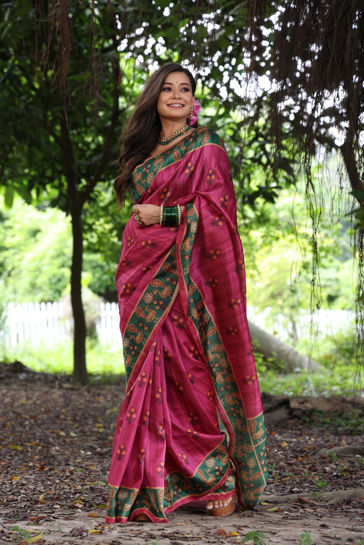 Pink Peacock Printed Tussar Silk Saree — alternate view