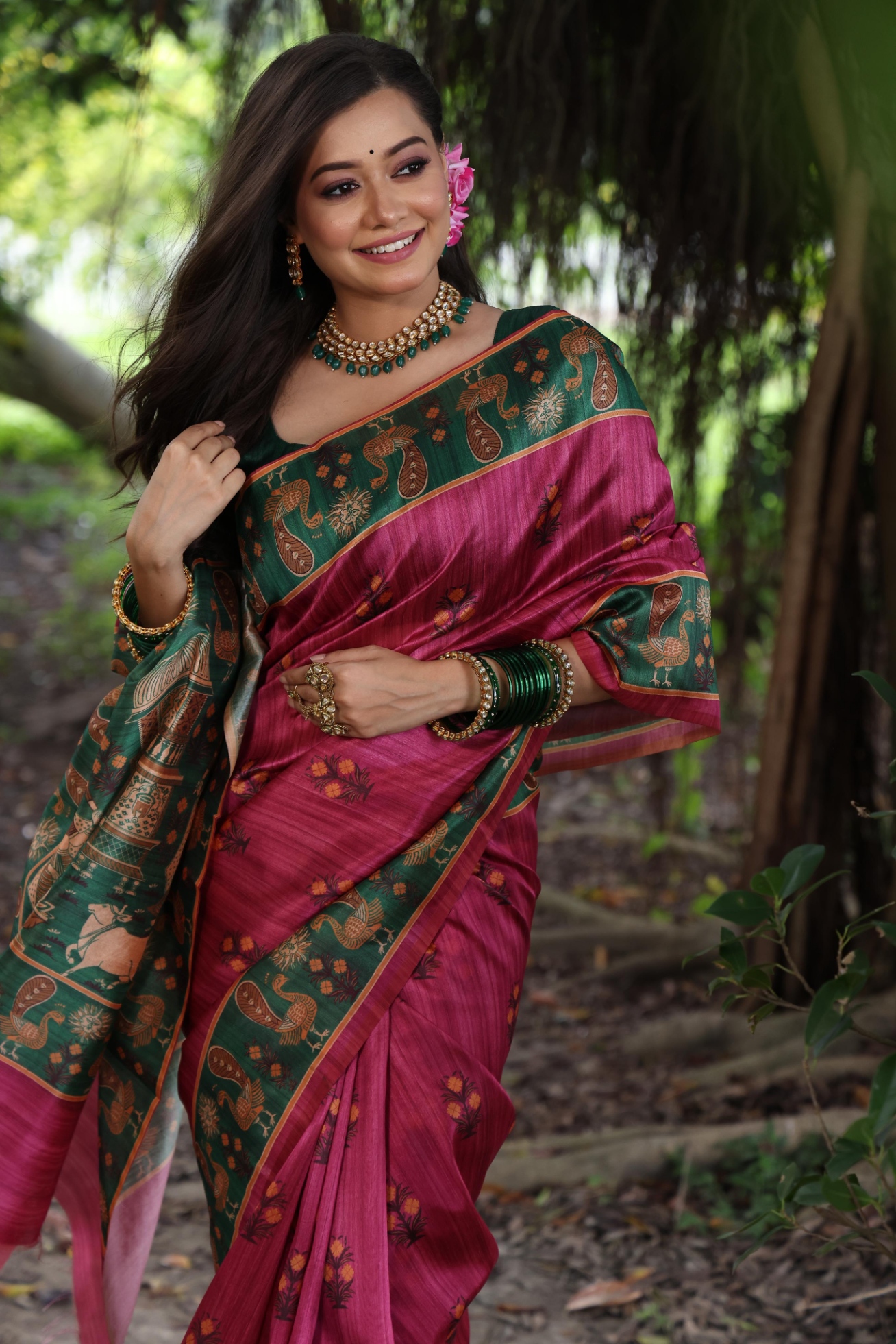 Pink Peacock Printed Tussar Silk Saree