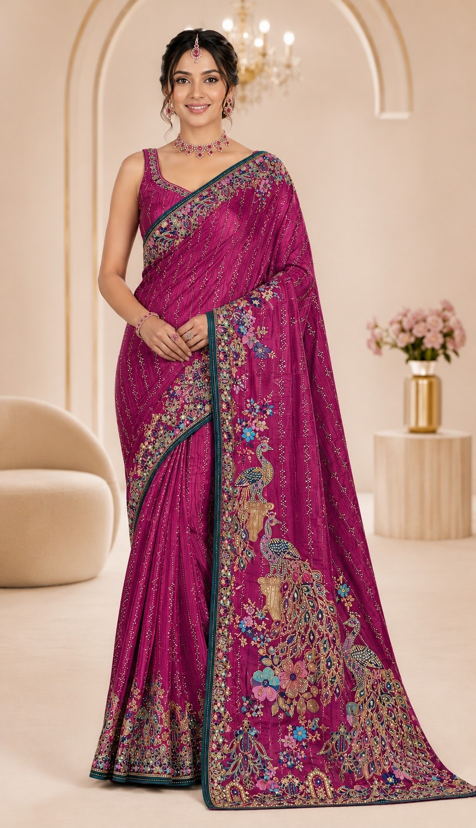 Pink Peacock Woven Work Satin Saree
