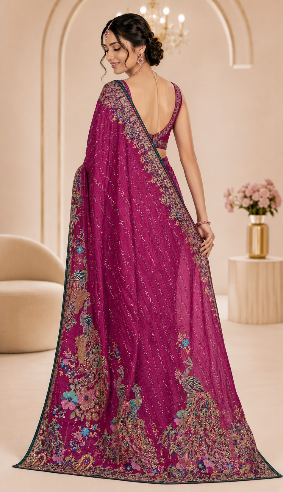 Pink Peacock Woven Work Satin Saree — alternate view